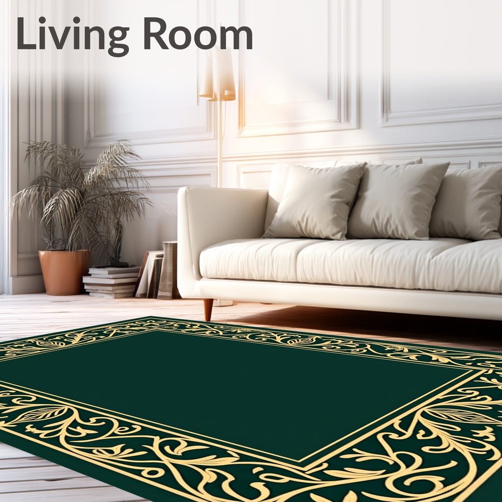 Elegant Golden Vine Border Emerald Rug