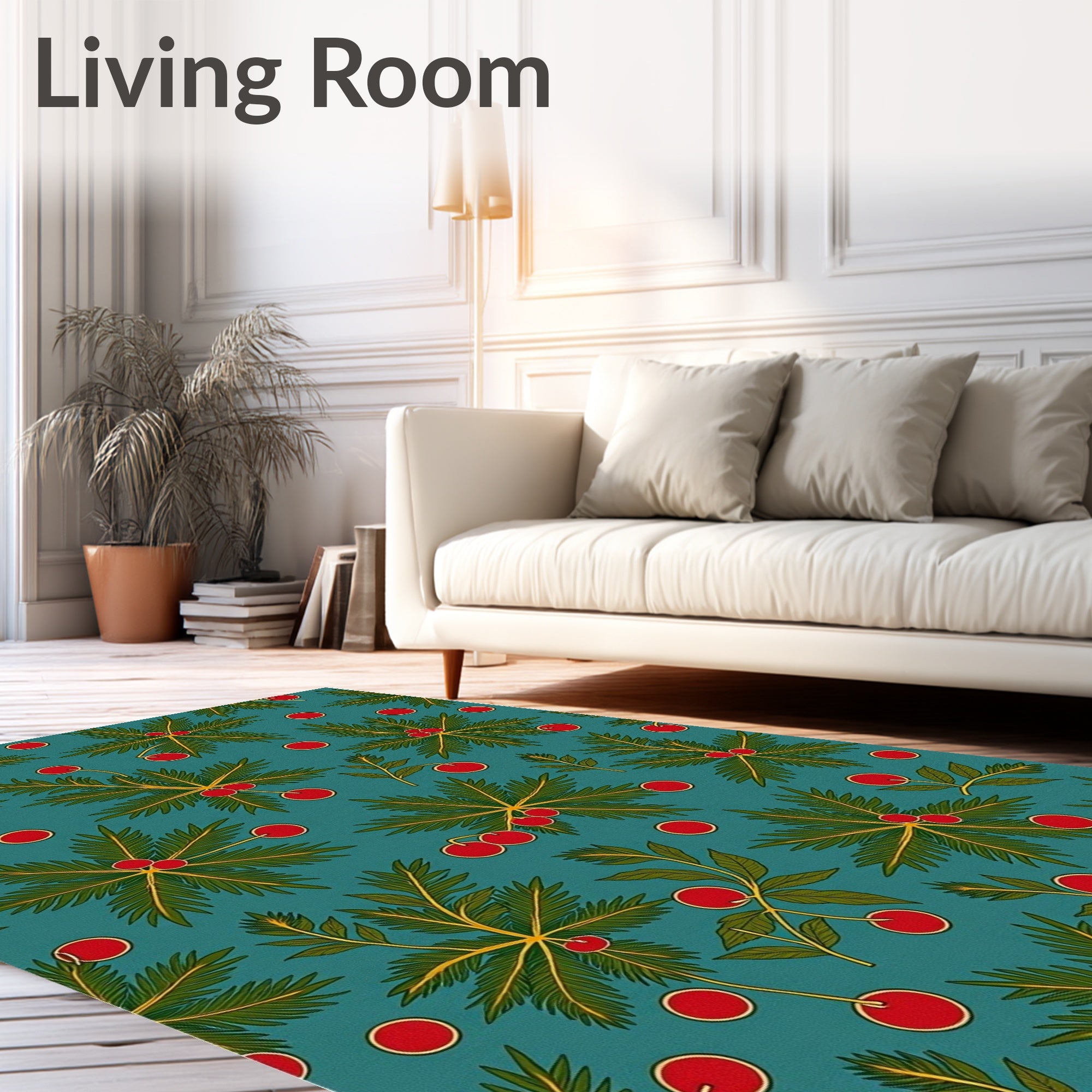 Teal Red Cherry Botanical Foliage Rug