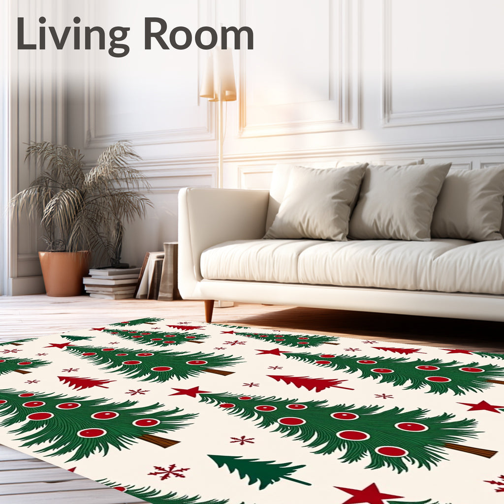 Vintage Green Christmas Trees Red Stars Rug