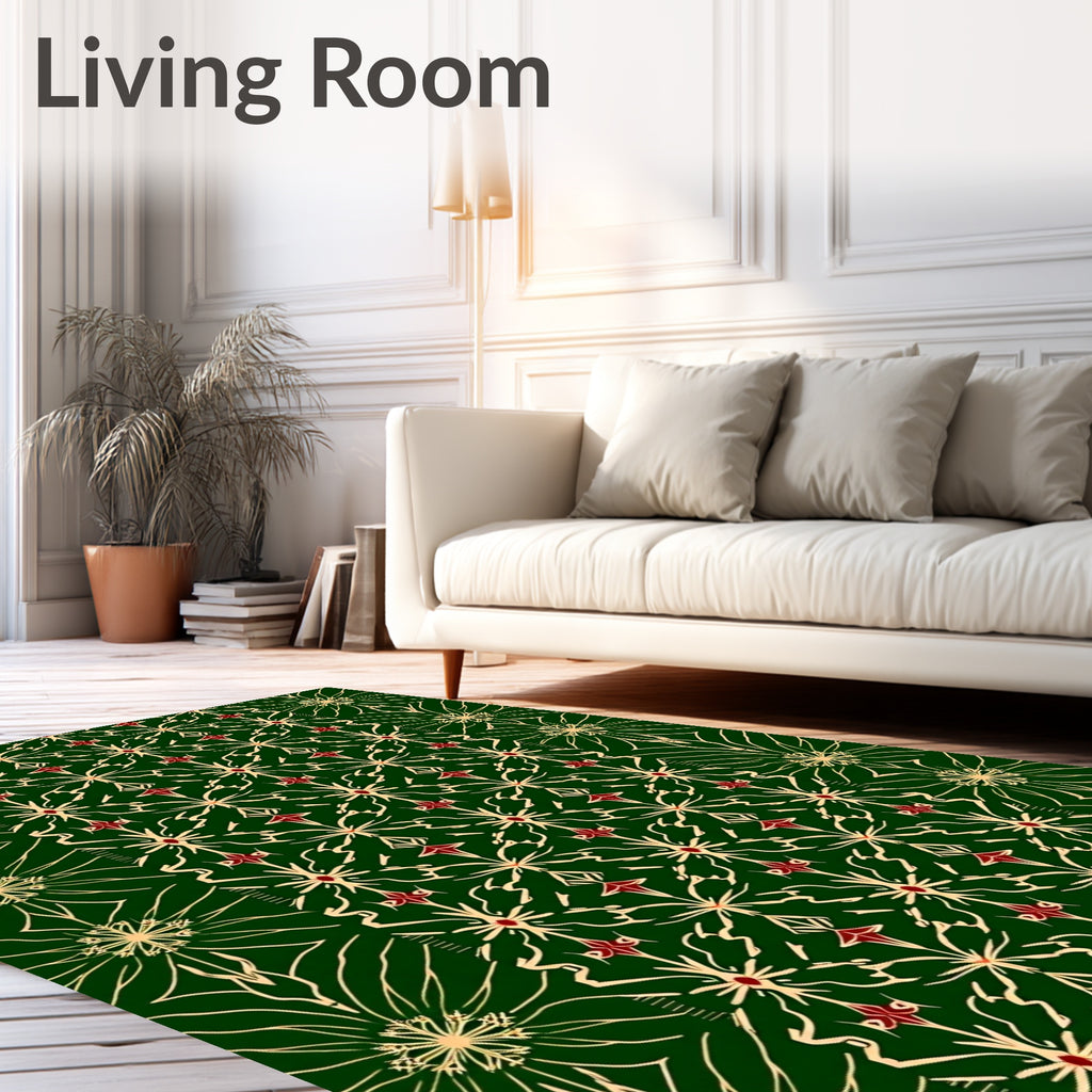 Emerald Green Gold Red Starburst Motif Rug