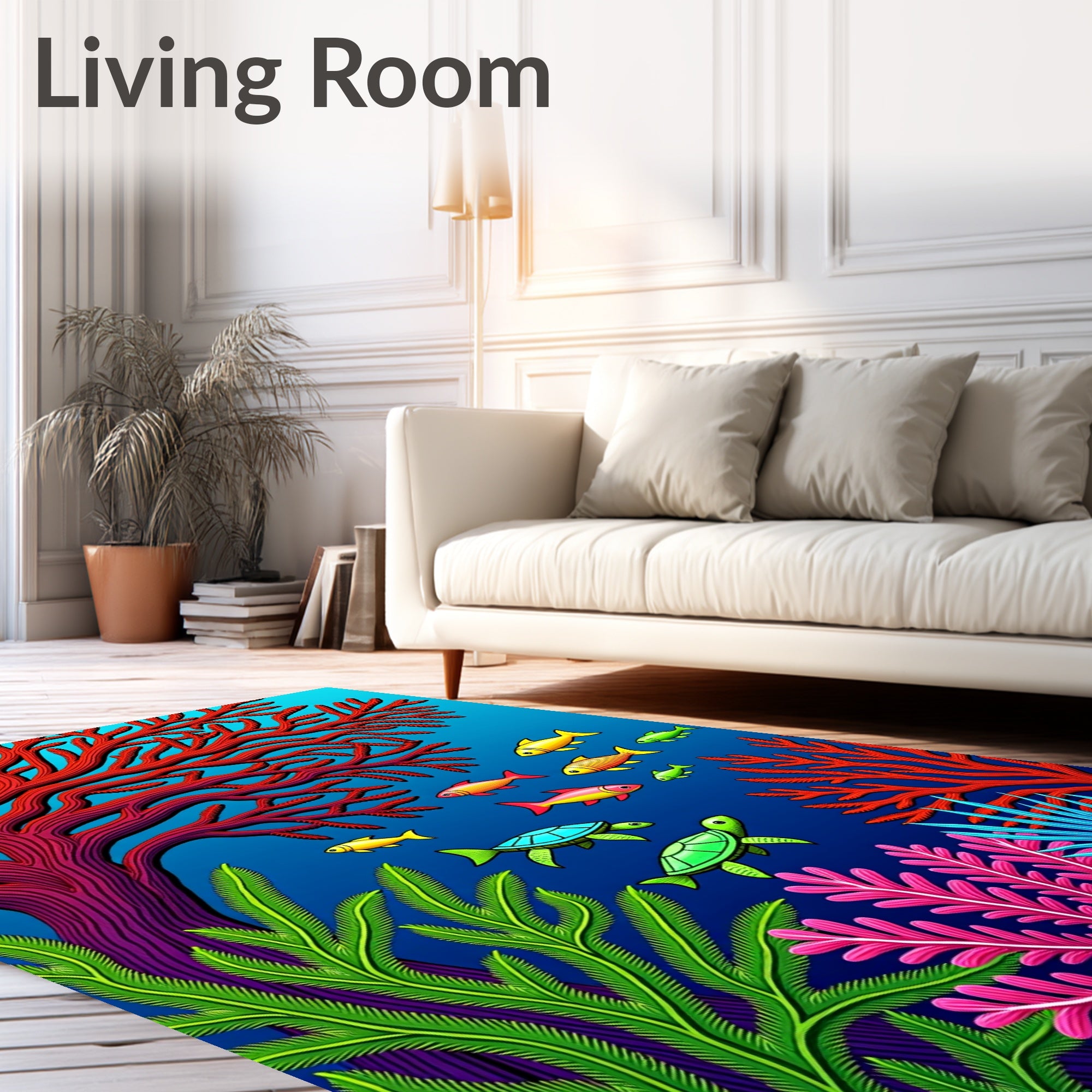 Vibrant Coral Reef Fish Turtles Rug