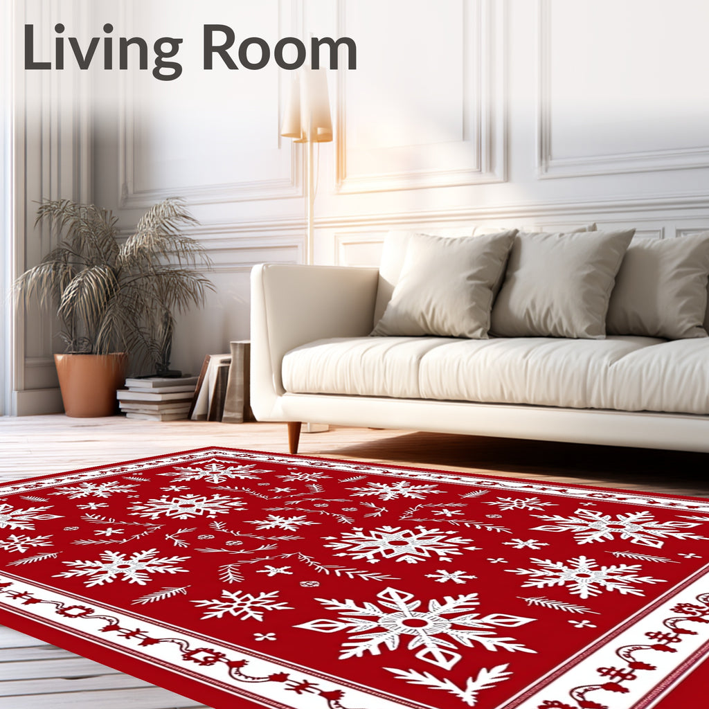 Crimson White Snowflake Winter Medallion Rug
