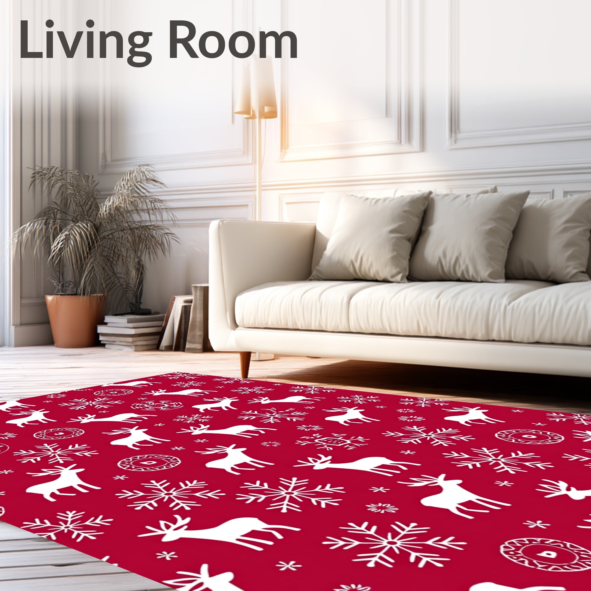 Festive Red White Reindeer Snowflake Rug