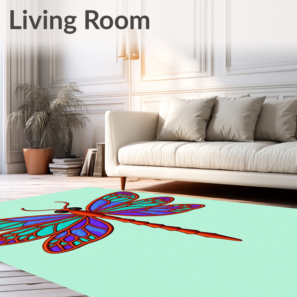 Vibrant Blue Dragonfly Emerald Orange Rug