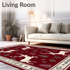 Cream Deer Forest Meadow Burgundy Rug