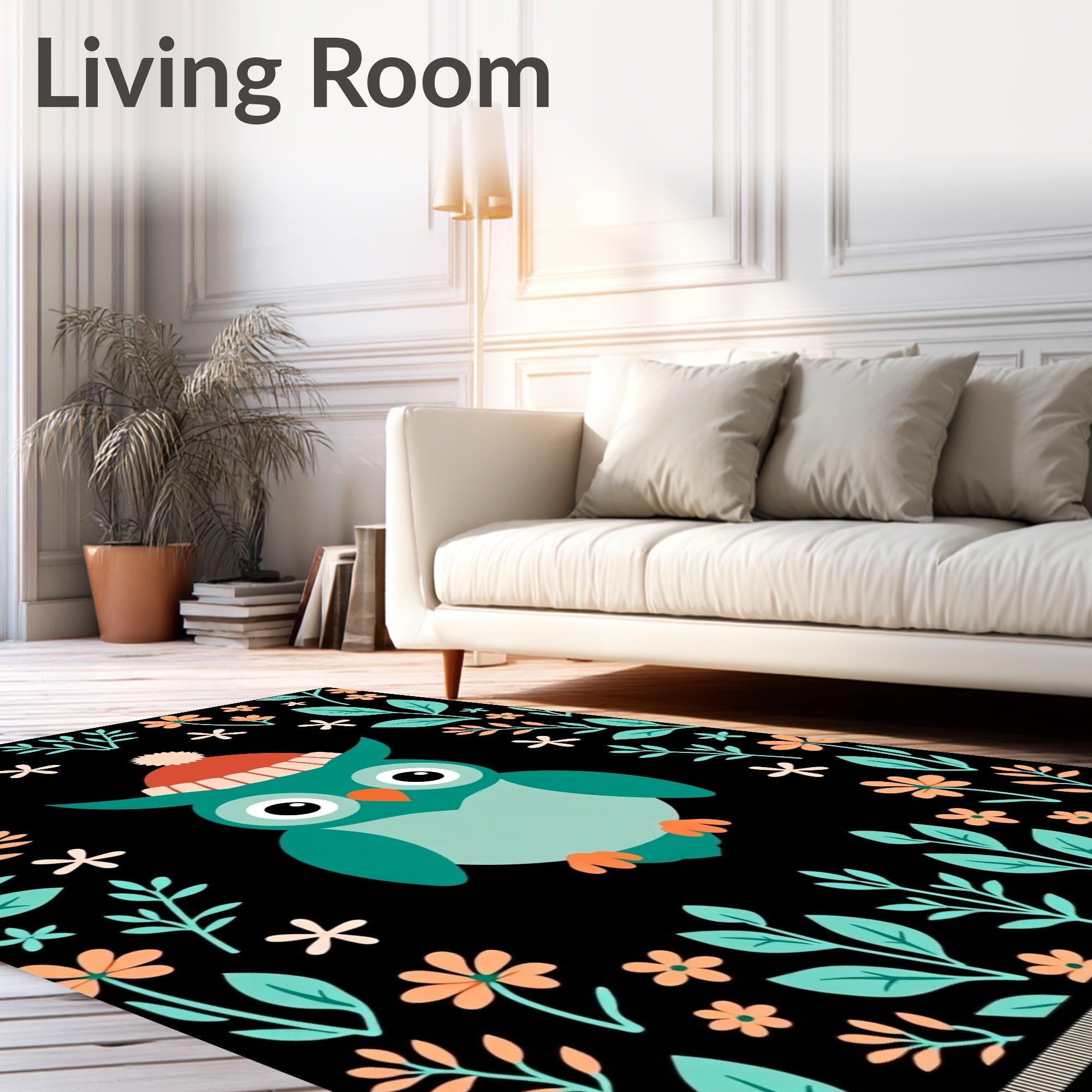 Whimsical Teal Owl With Orange Hat Botanicals Rug