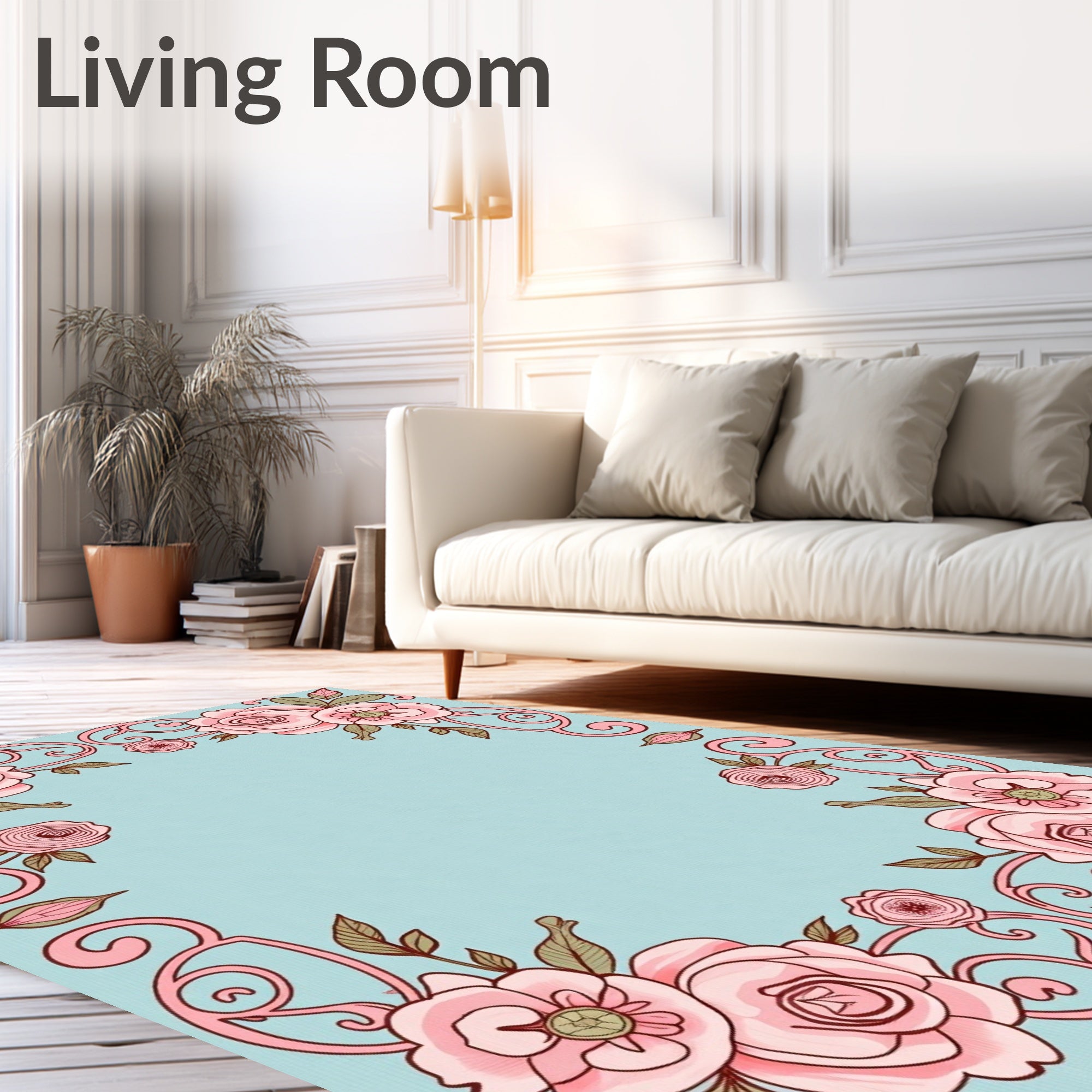 Blush Pink Floral Scroll Corners Soft Blue Rug