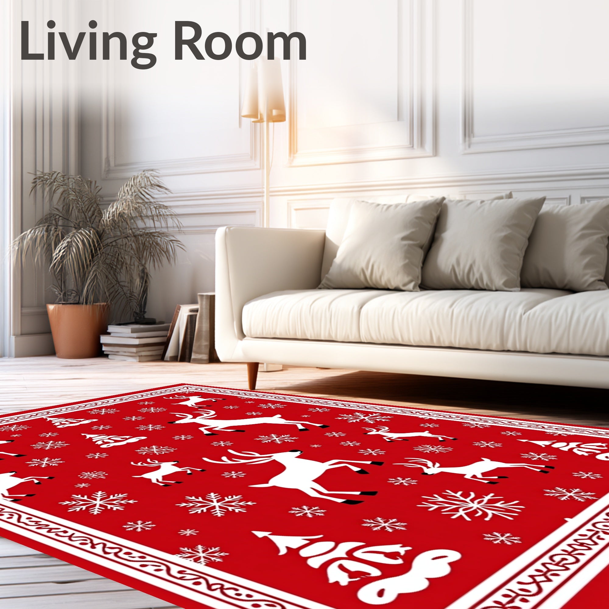 White Reindeer Snowflakes Christmas Border Rug