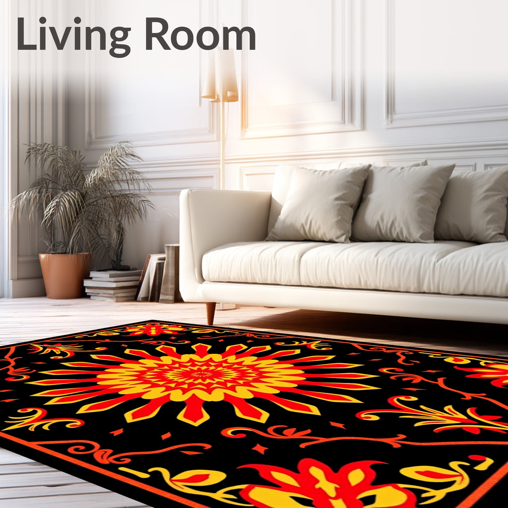 Vibrant Red Yellow Floral Sunburst Rug