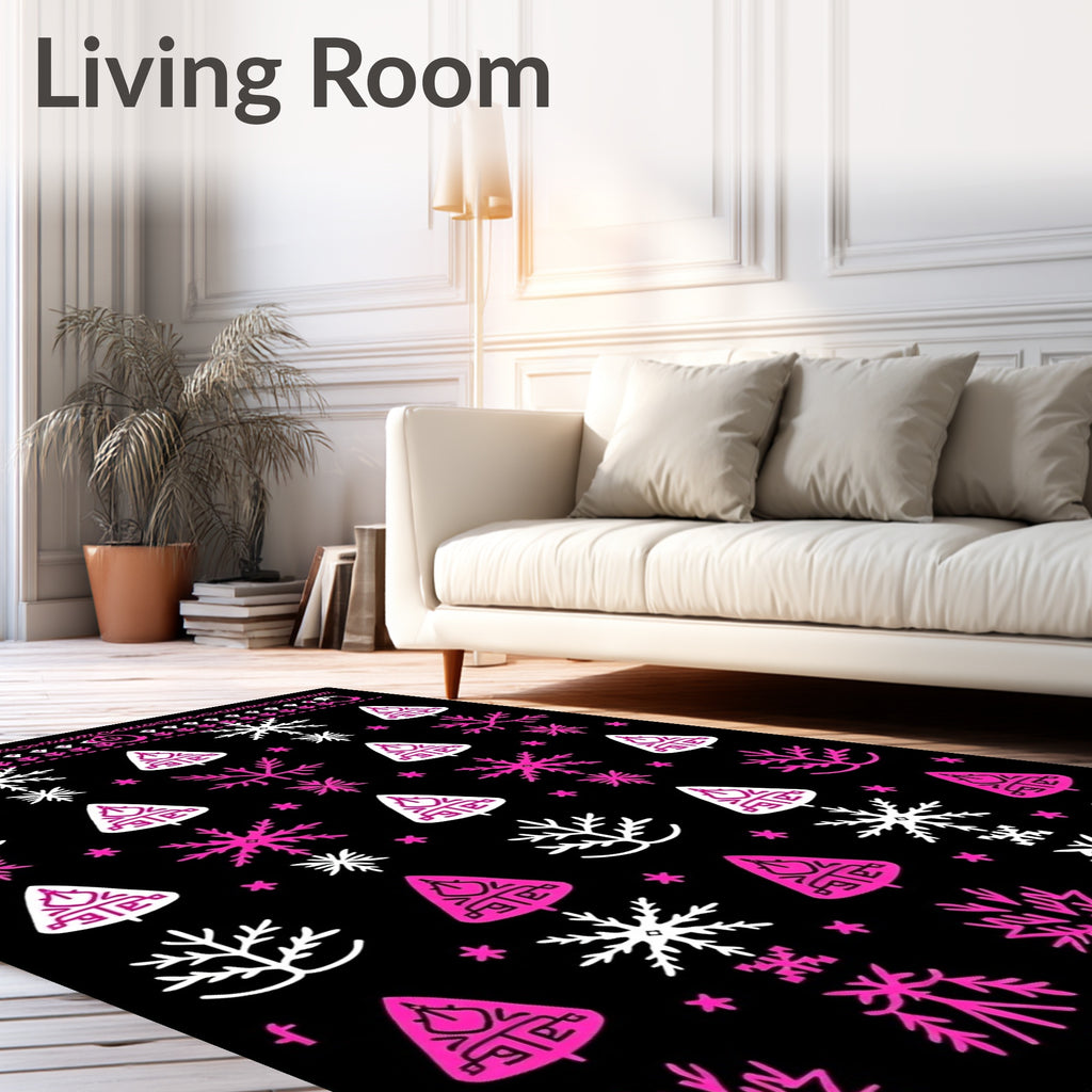 Whimsical Pink White Snowflakes Trees Rug