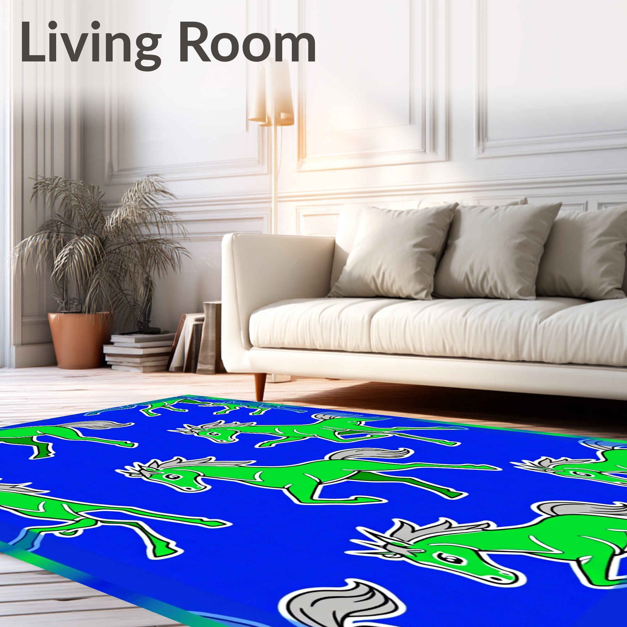 Vibrant Green Horses On Royal Blue Rug