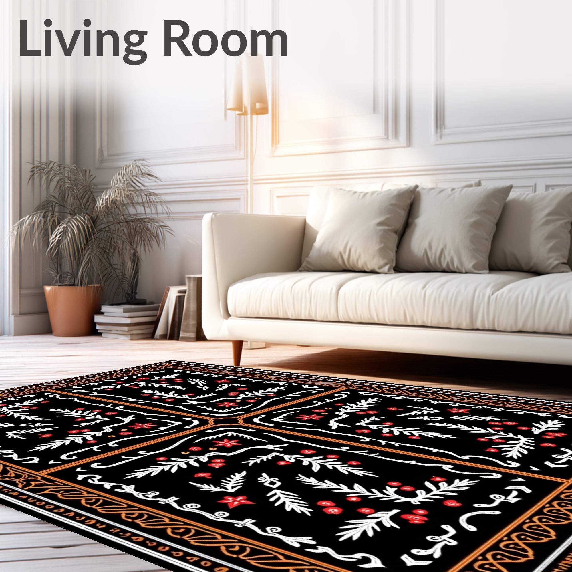 Black Red White Floral Border Rug