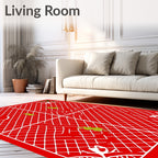 Red white grid with green reindeer corner Rug