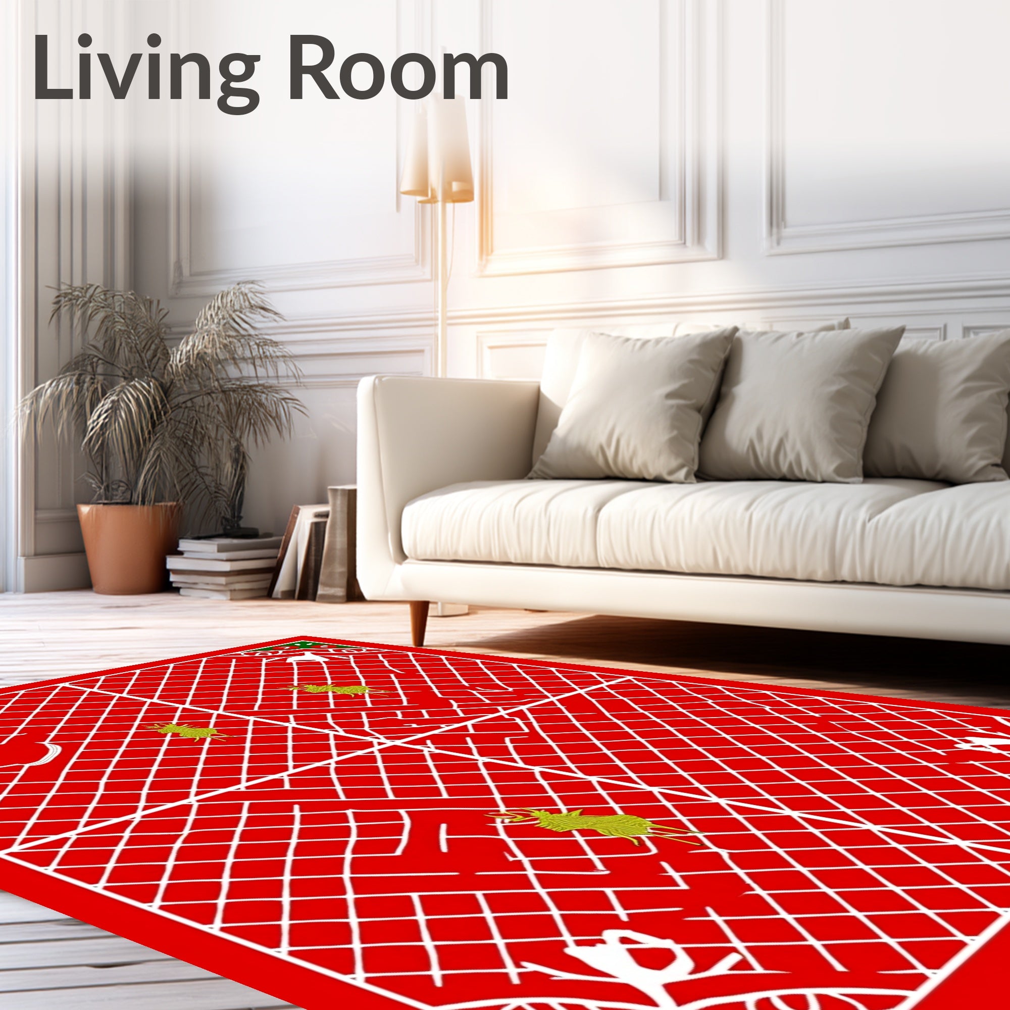 Red white grid with green reindeer corner Rug