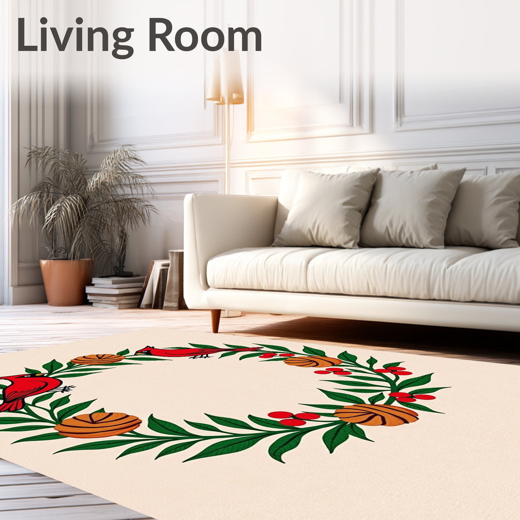Red Cardinal Wreath Green Leaf Berry Rug