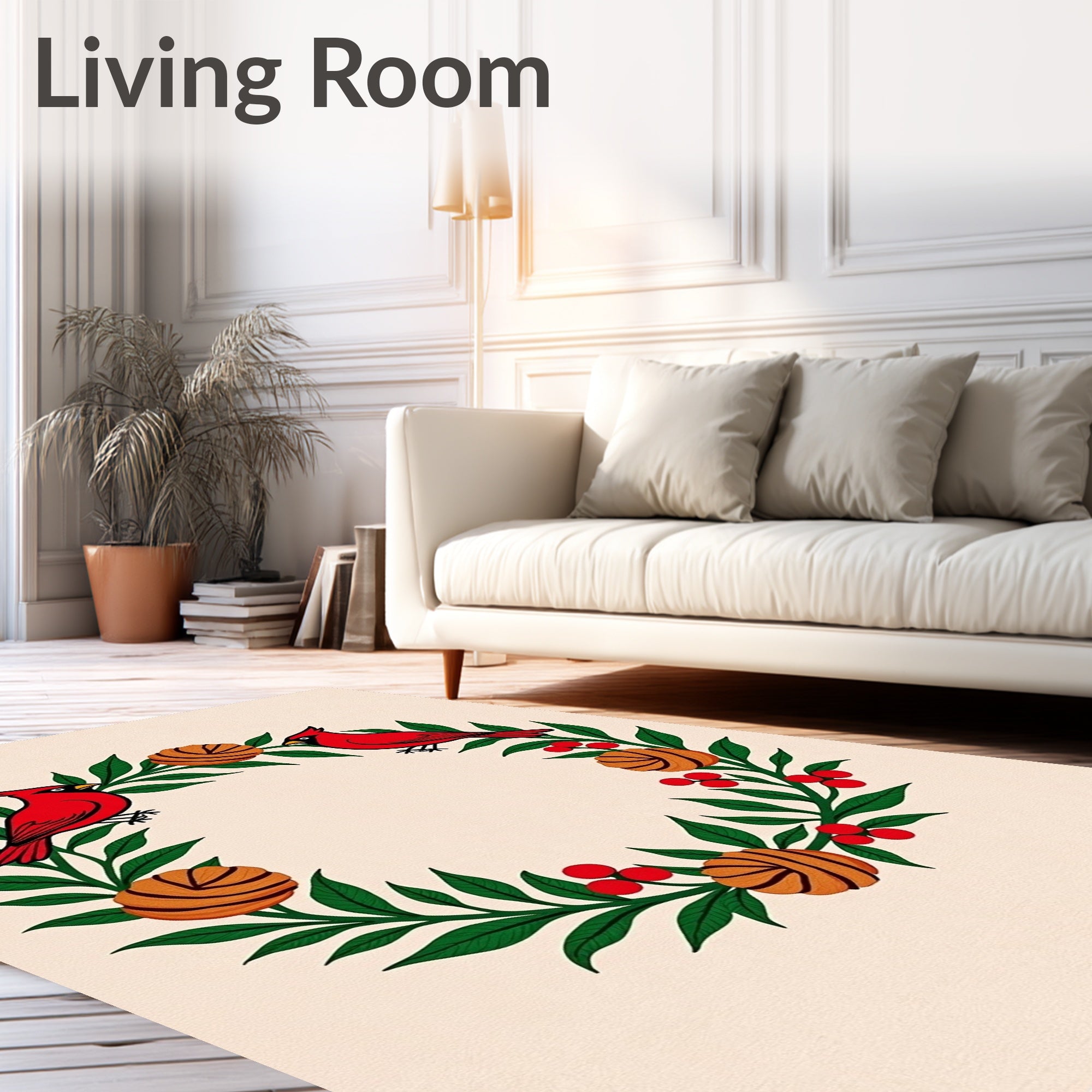 Red Cardinal Wreath Green Leaf Berry Rug
