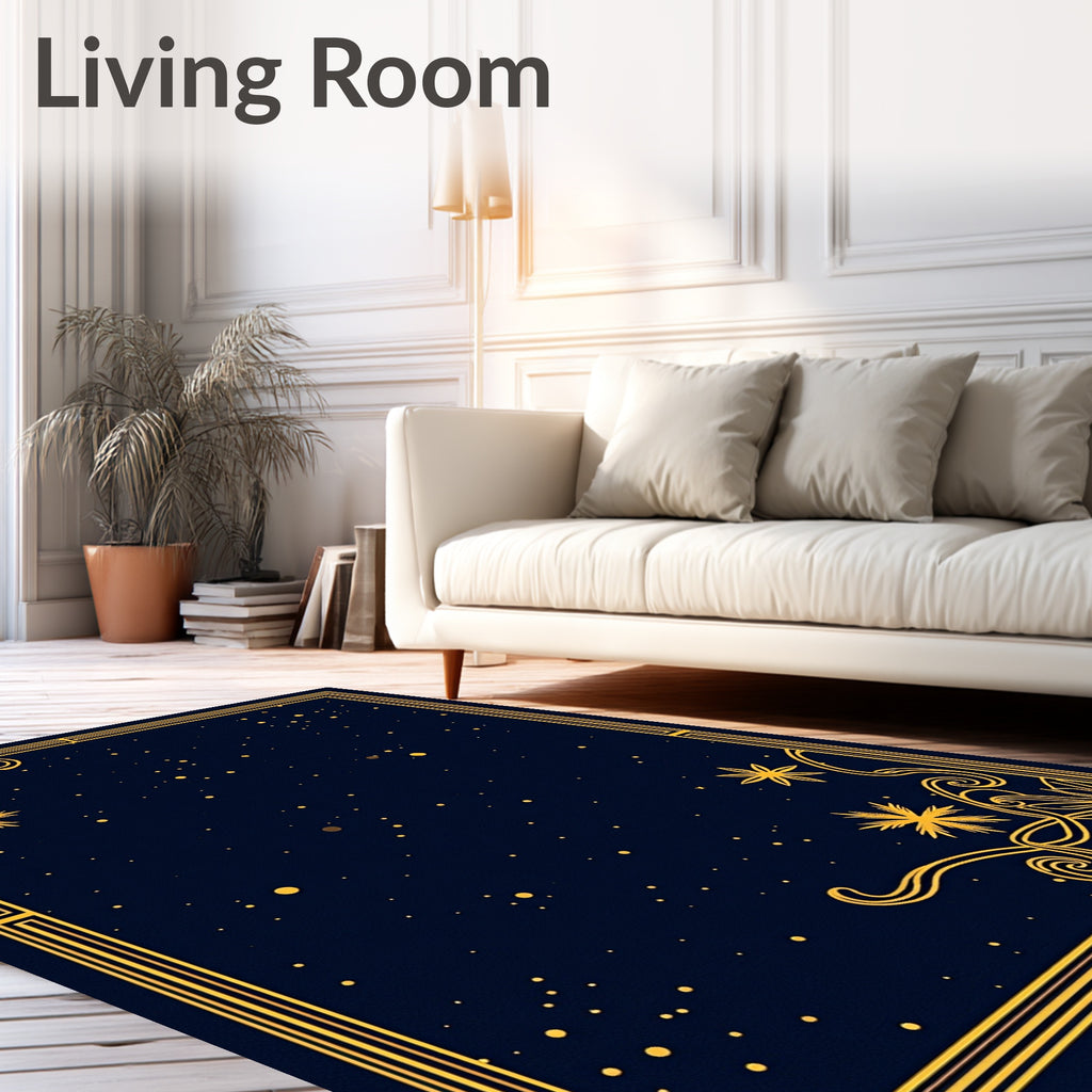 Deep Blue Golden Starry Night Border Rug
