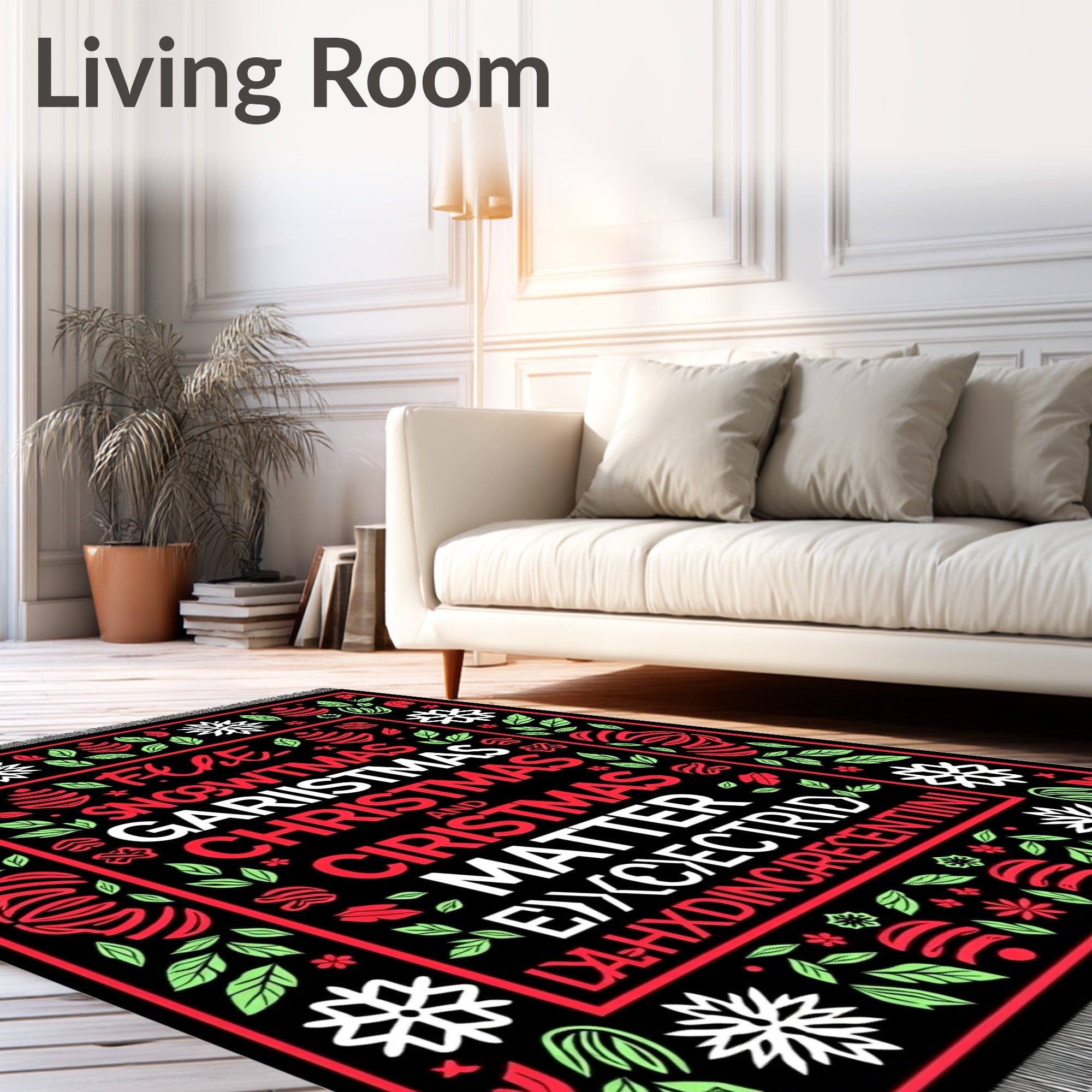 Festive Red Green Snowflake Border Rug