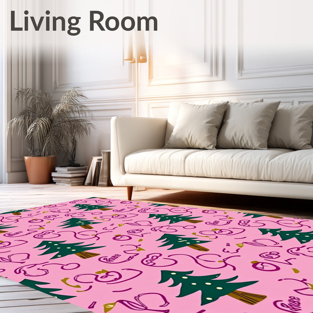 Whimsical Pink Christmas Tree Doodle Rug