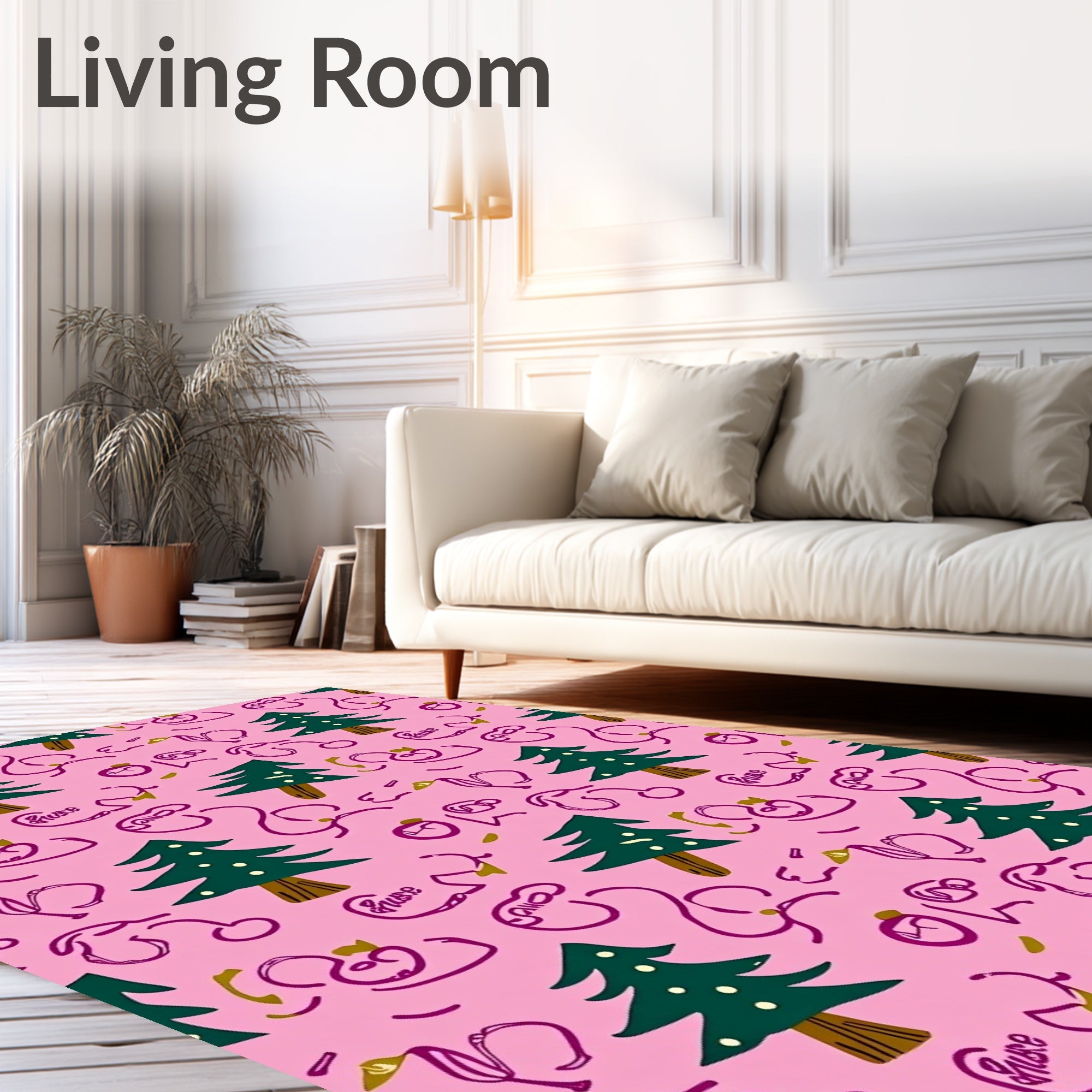 Whimsical Pink Christmas Tree Doodle Rug