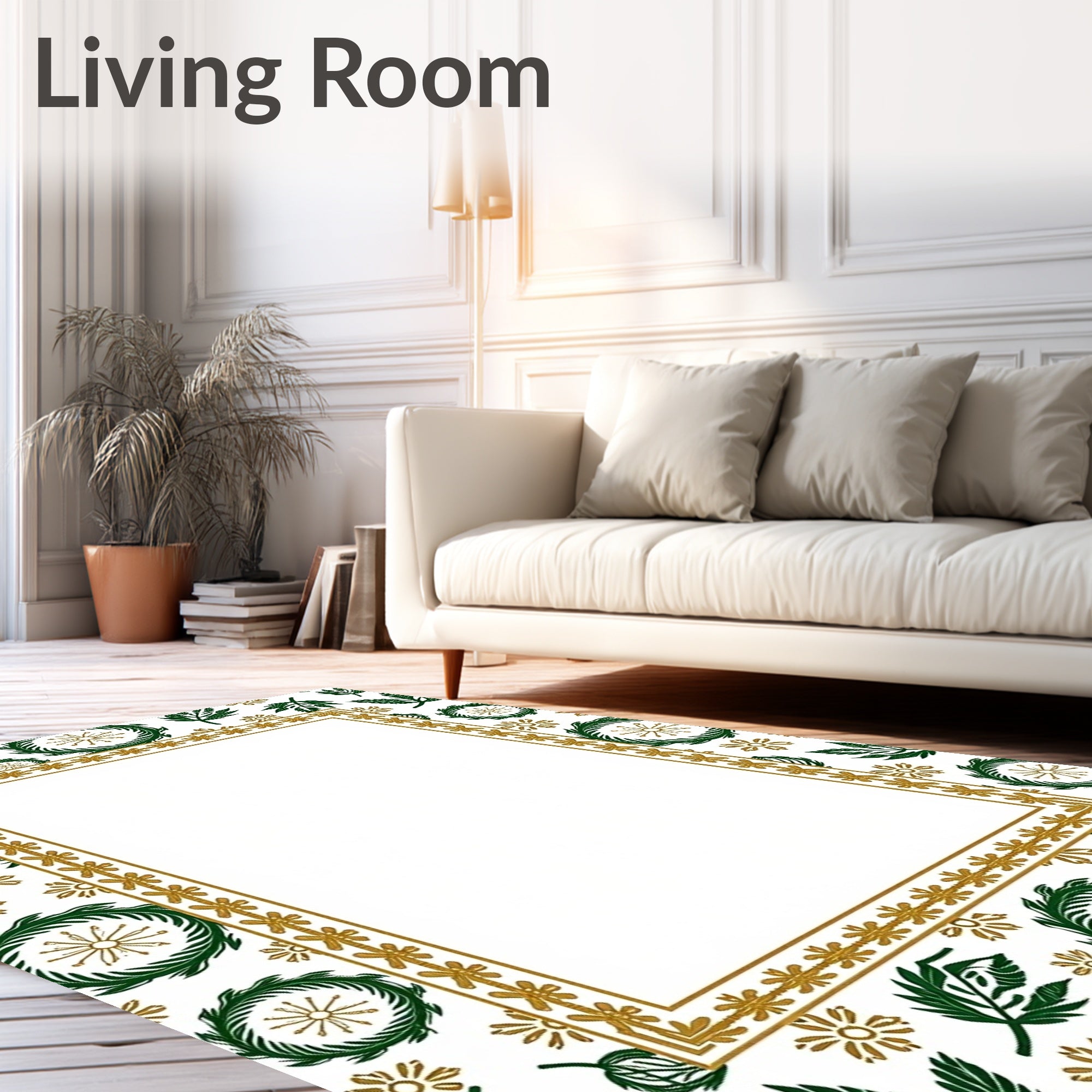 Ornate Green Leaf Wreath Border Rug