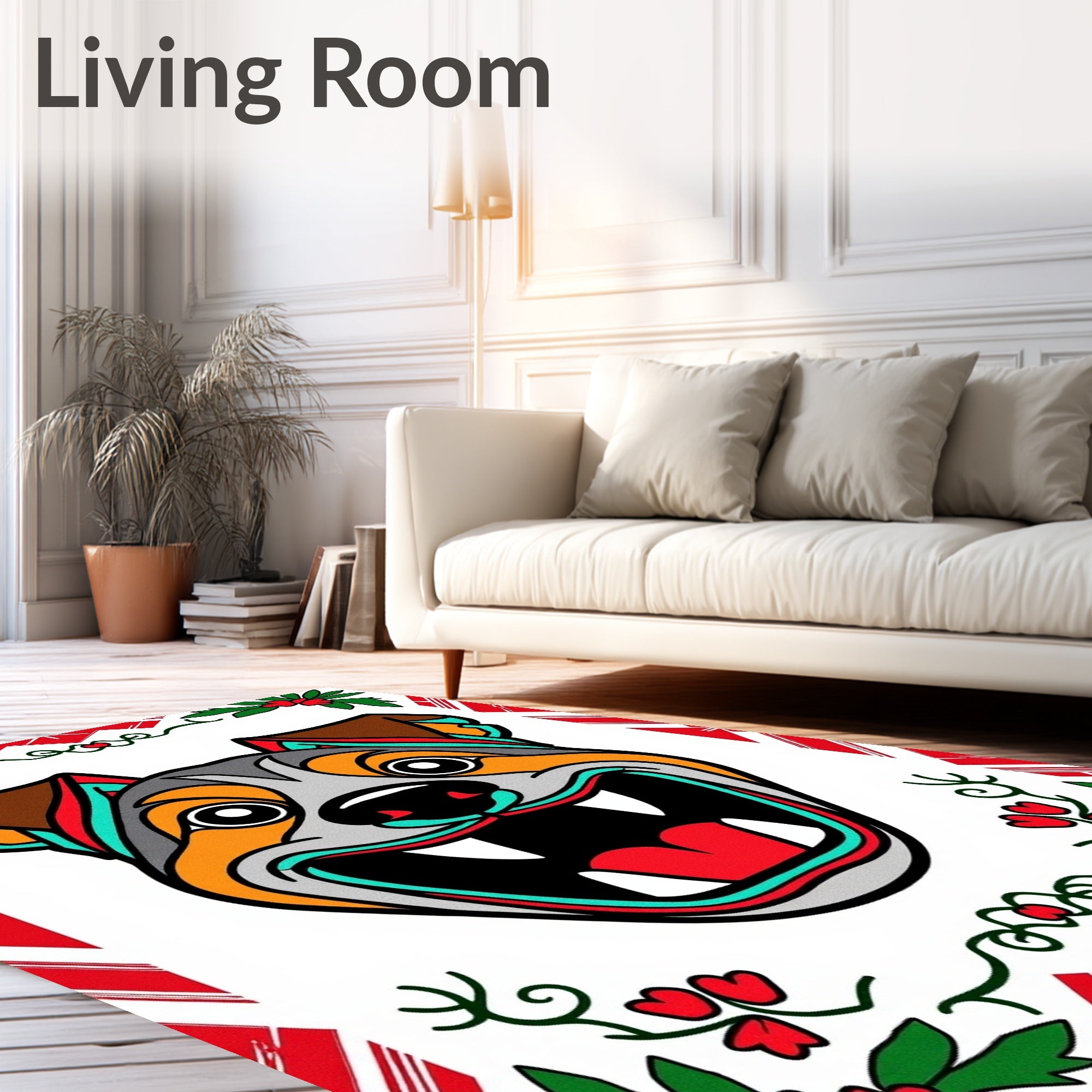 Bold Red Green Bright Dog Face Rug