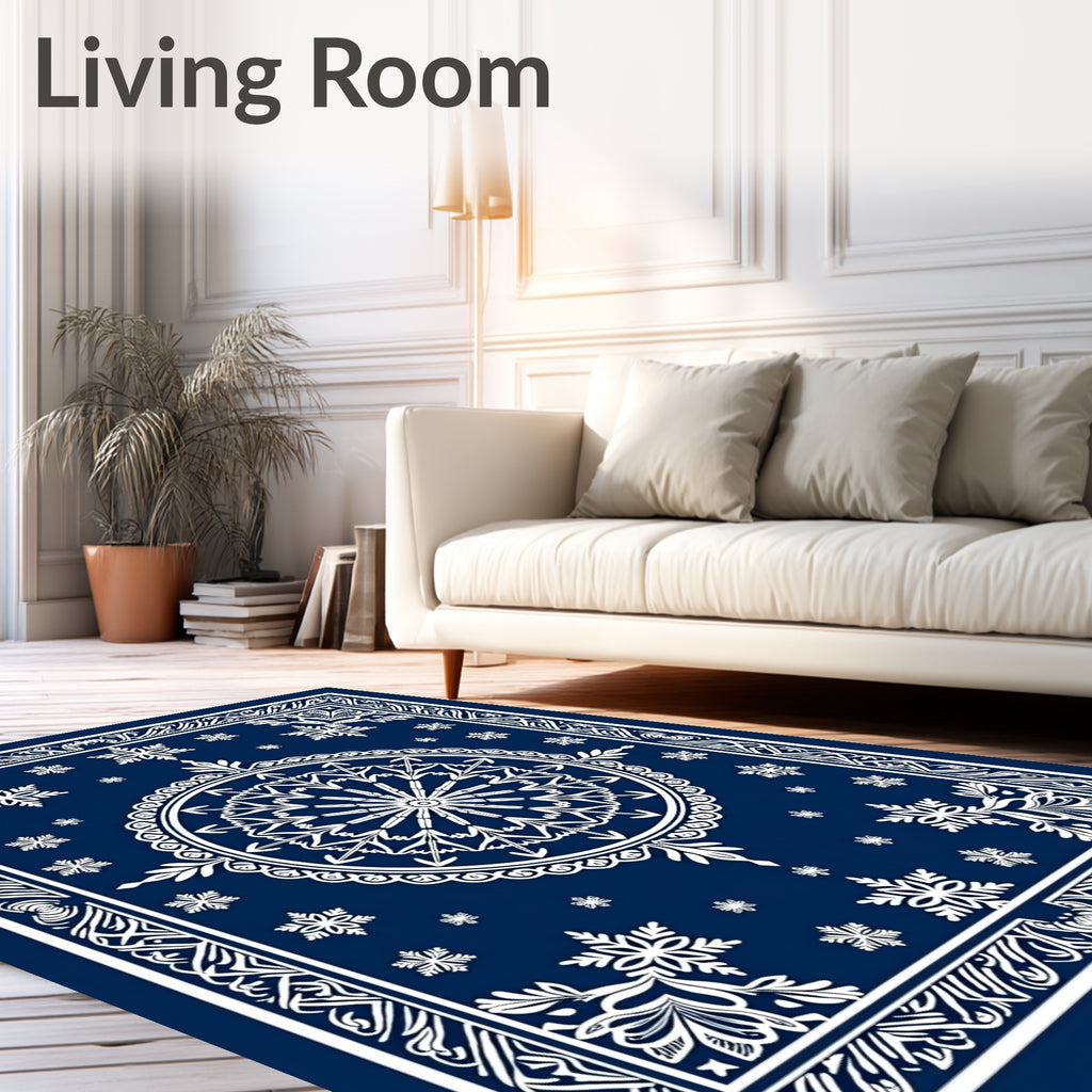 Deep Blue Snowflake Mandala Medallion Rug