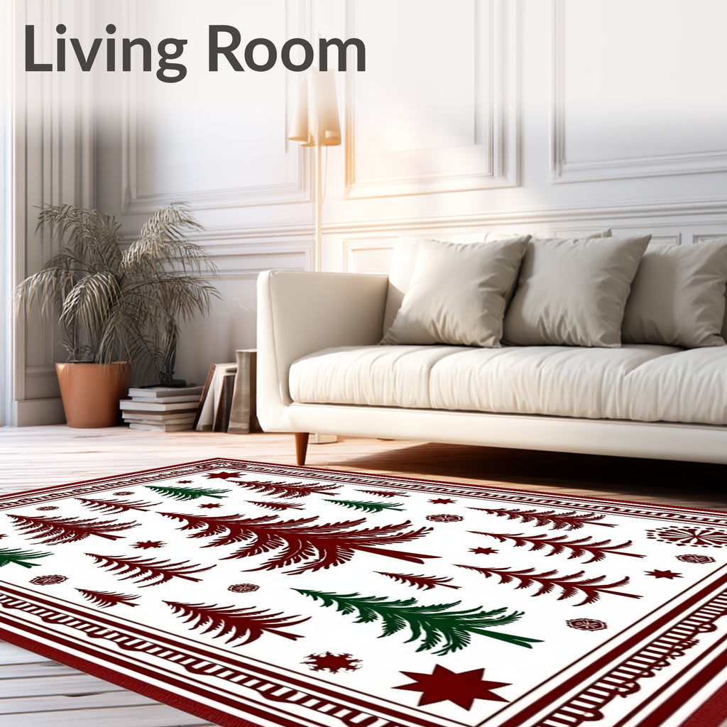 Deep Burgundy Green Forest Trees Rug