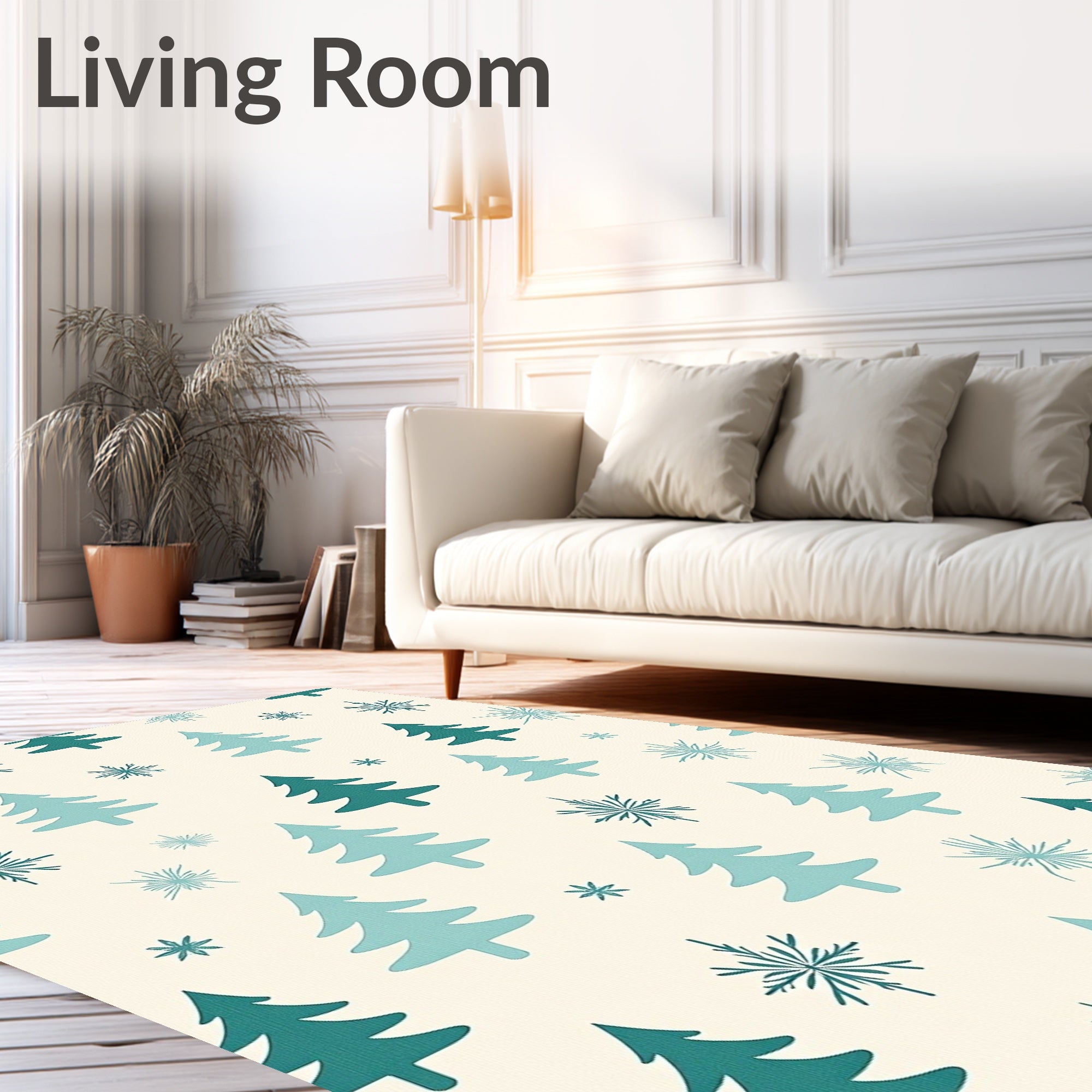 Teal Pine Trees Snowflakes Cream Cream Rug