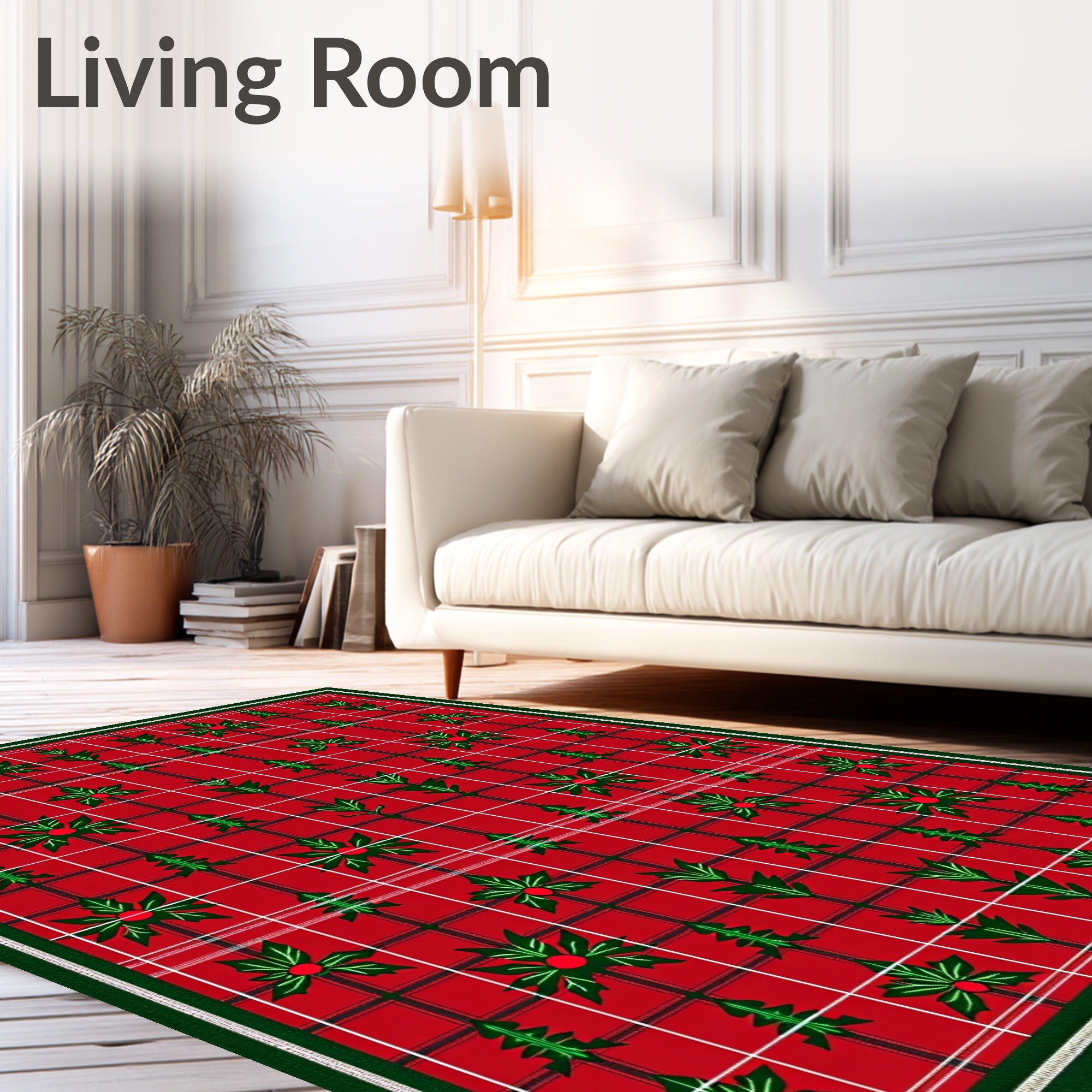 Red Green Tartan Holly Sprigs Rug