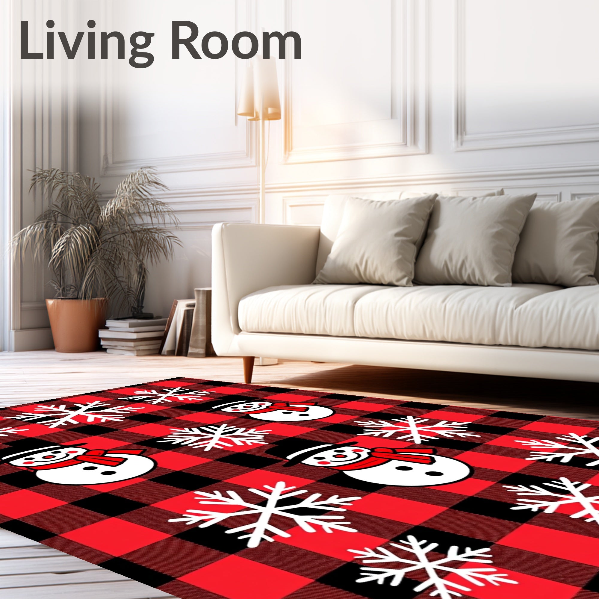 Red Black Buffalo Plaid Snowman Snowflakes Rug