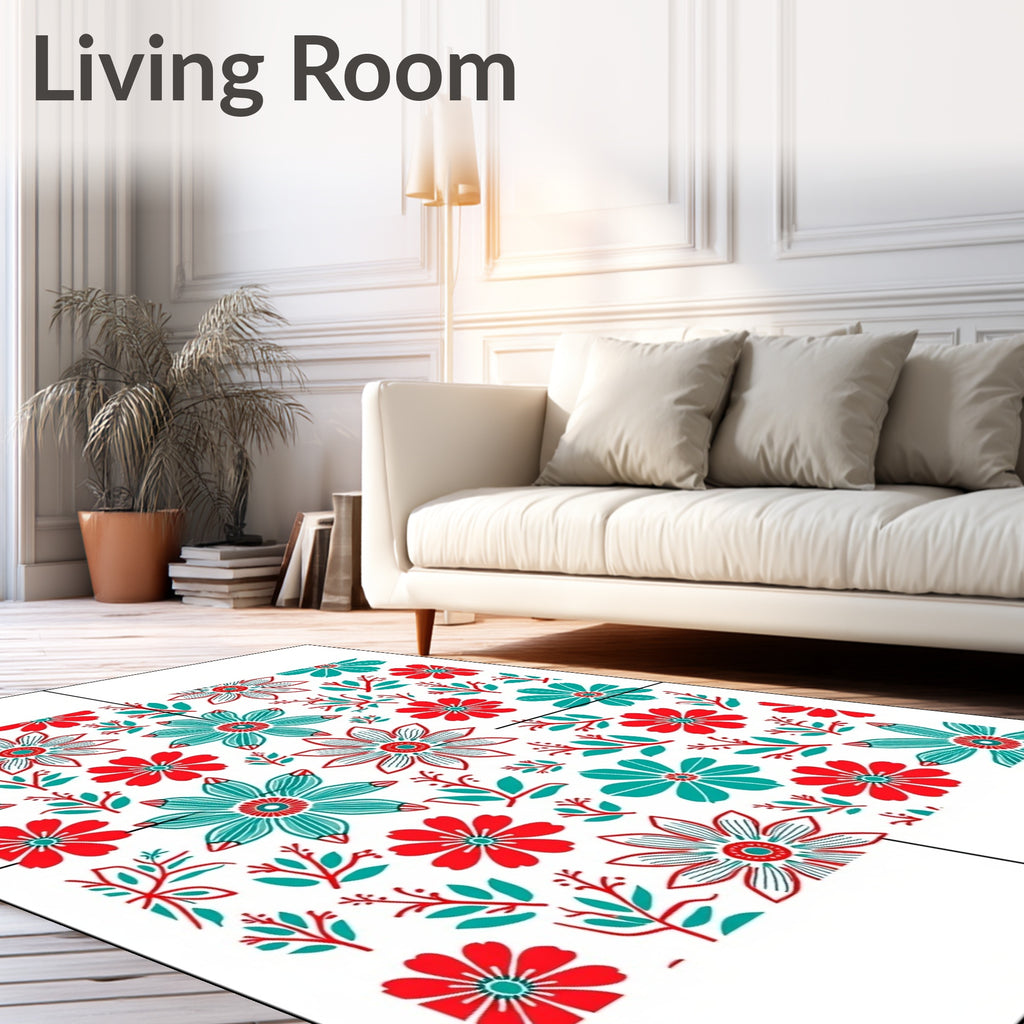 Red Teal Floral Garden Medley Rug