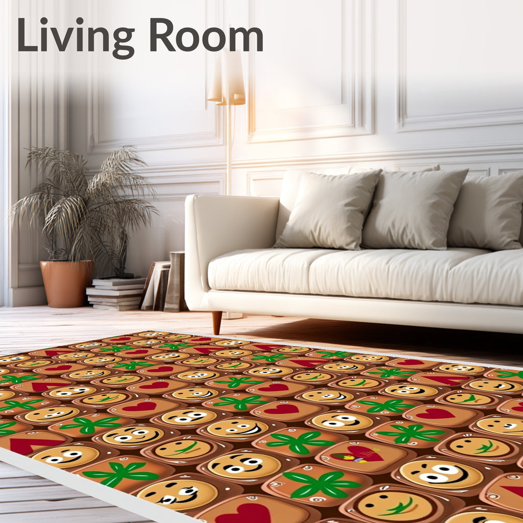 Playful Smiley Faces Red Hearts Green Flourishes Rug