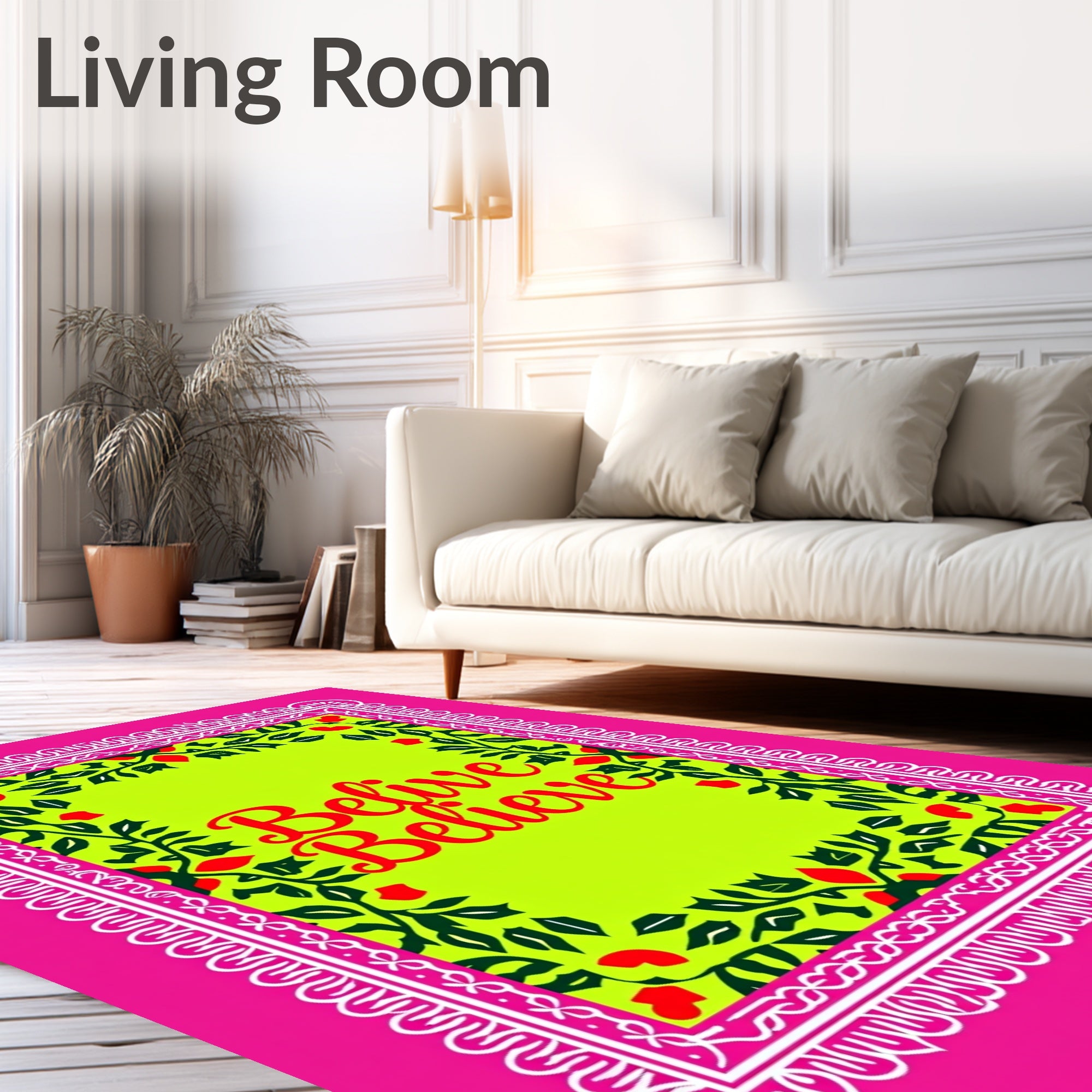 Vibrant Pink Floral Border Believe Rug