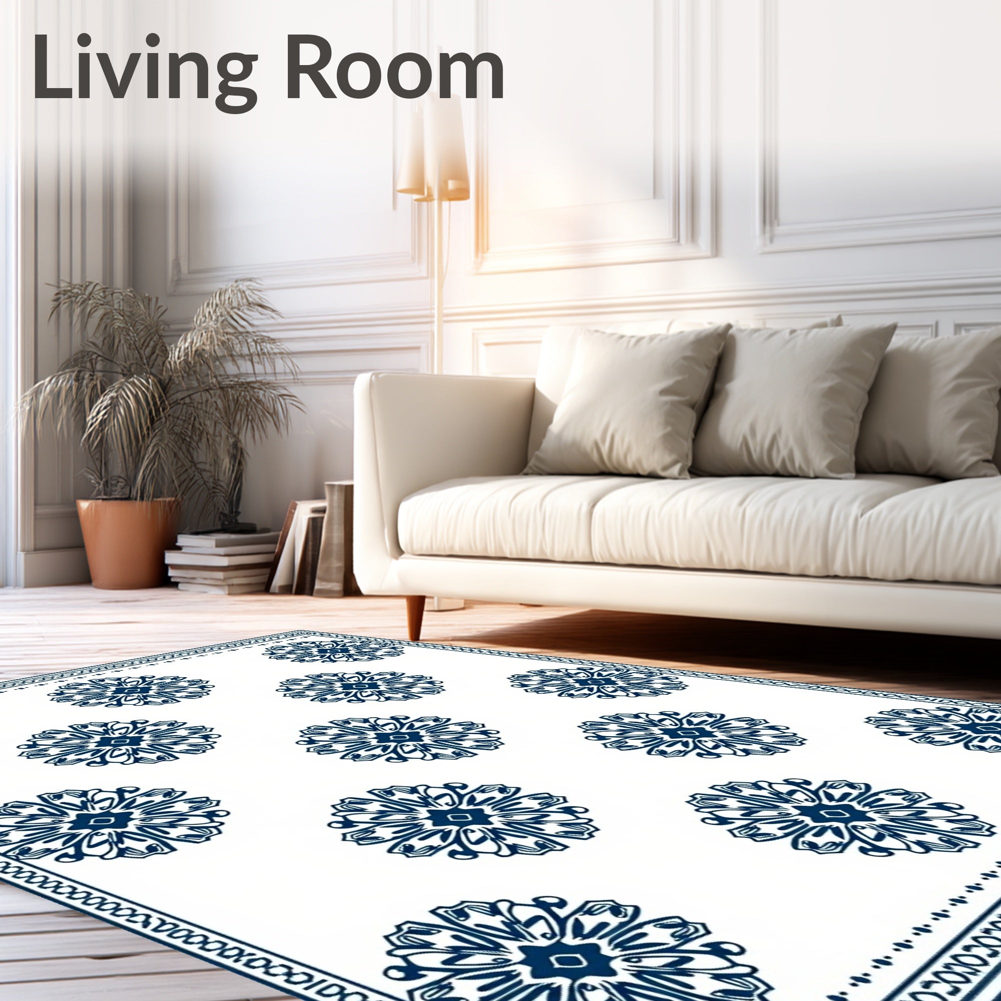 Deep Blue Floral Medallion Border Rug