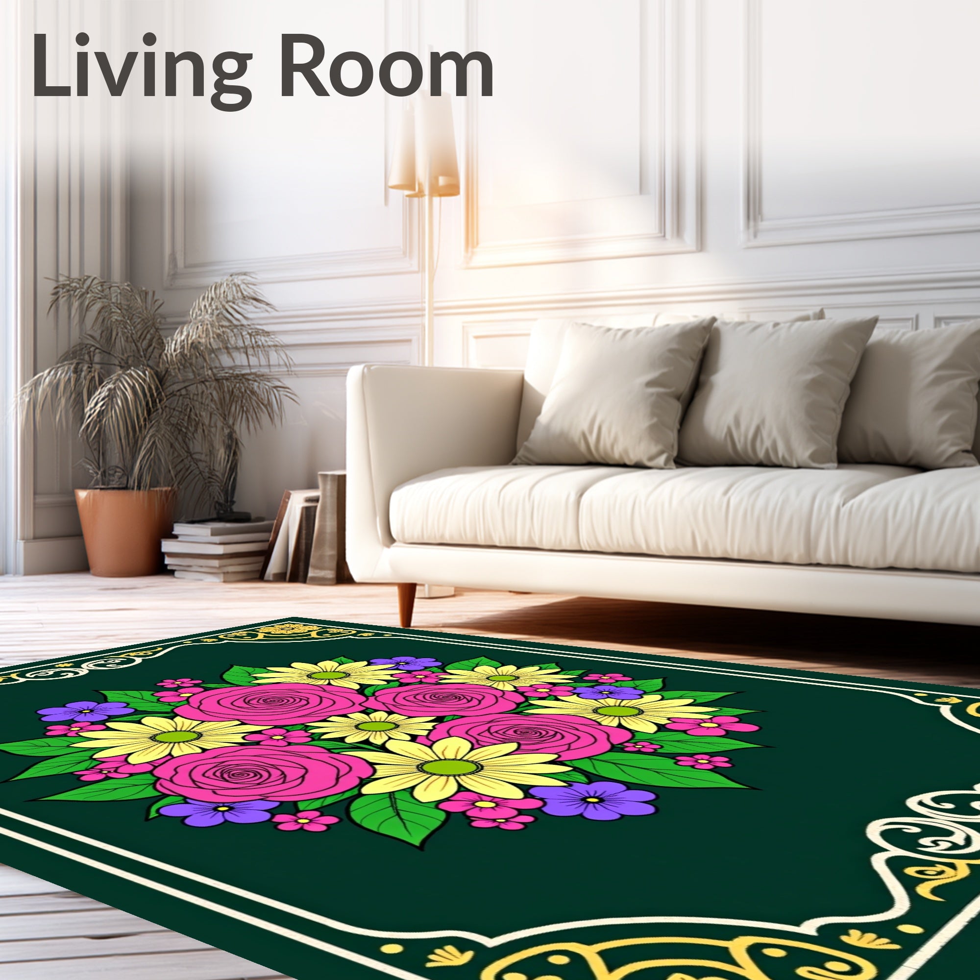 Vibrant Pink Rose Yellow Daisy Bouquet Rug