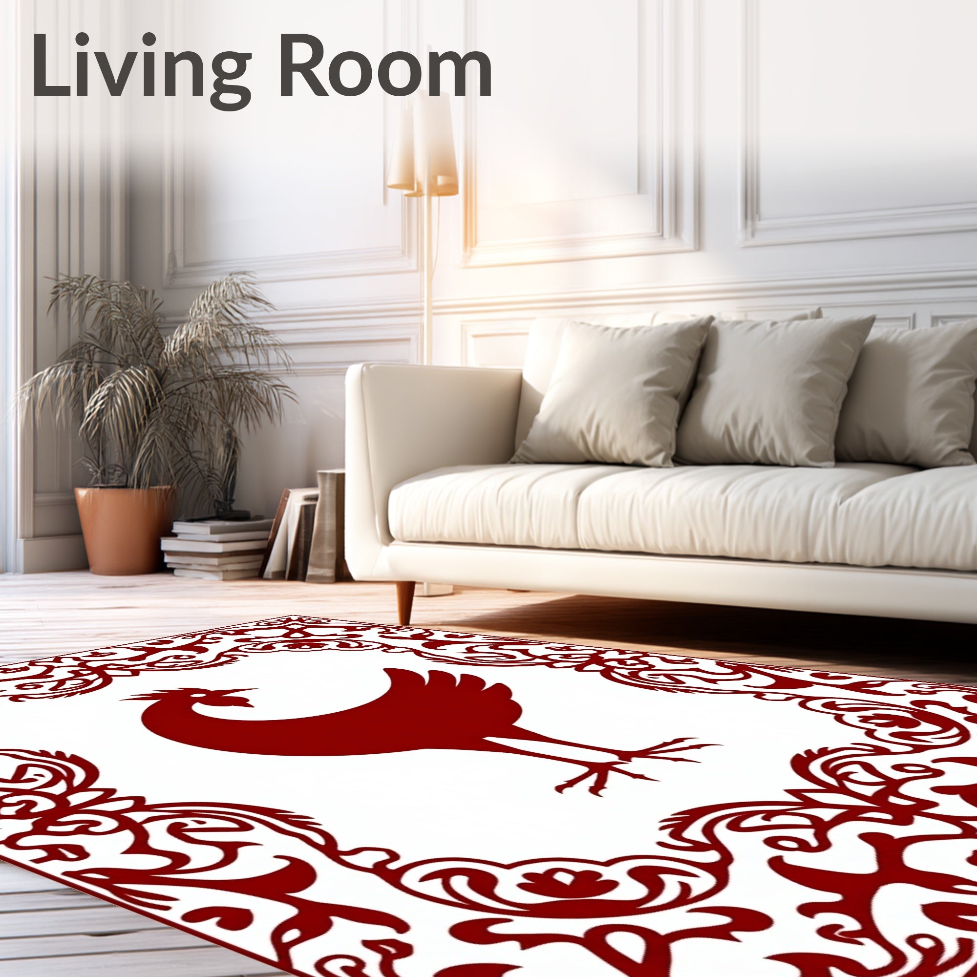 Deep Red Rooster Floral Frame Rug