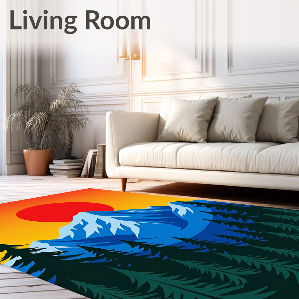 Crimson Sun Over Blue Snowy Mountains Rug