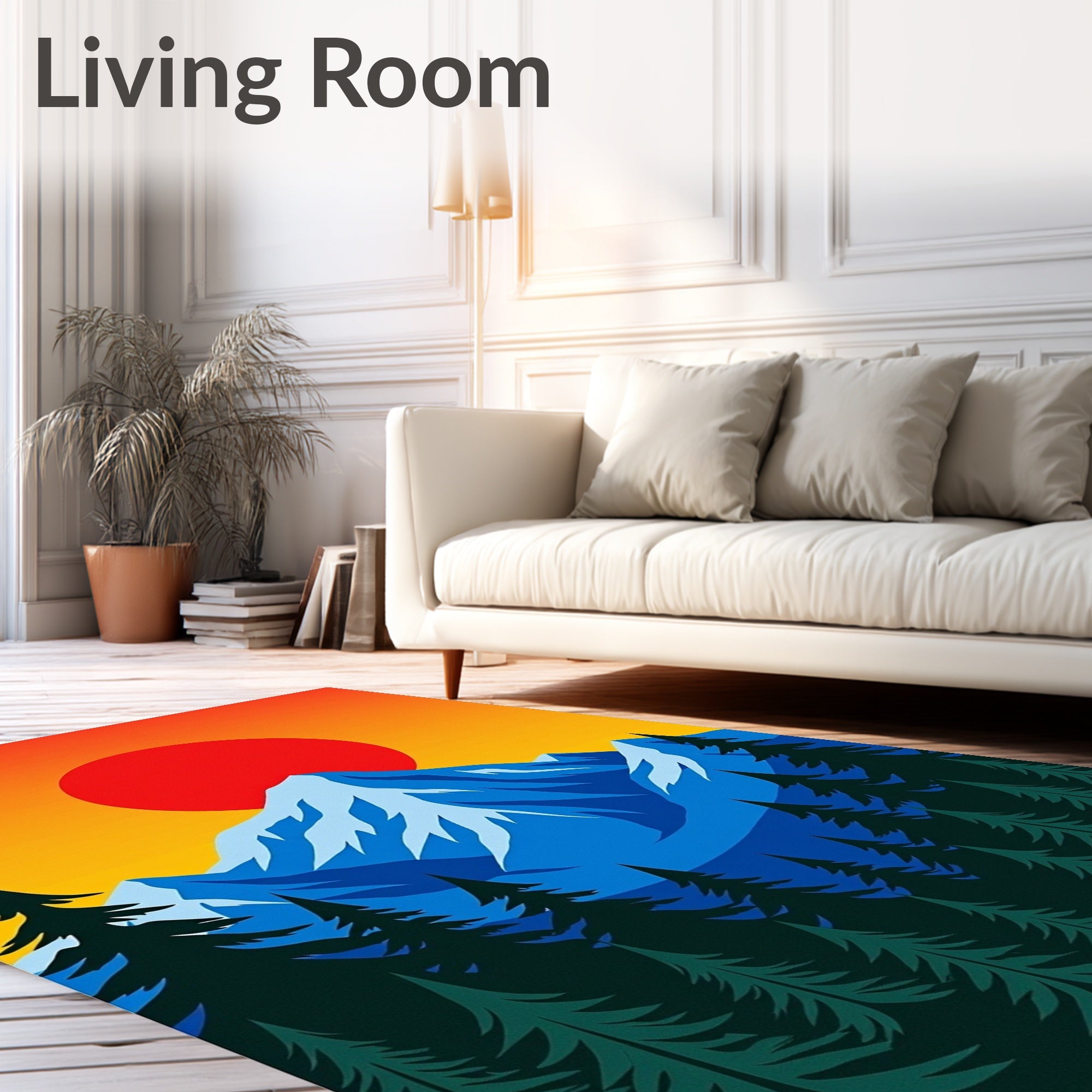 Crimson Sun Over Blue Snowy Mountains Rug