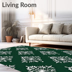 White Snowflake Diamond Dark Green Field Rug
