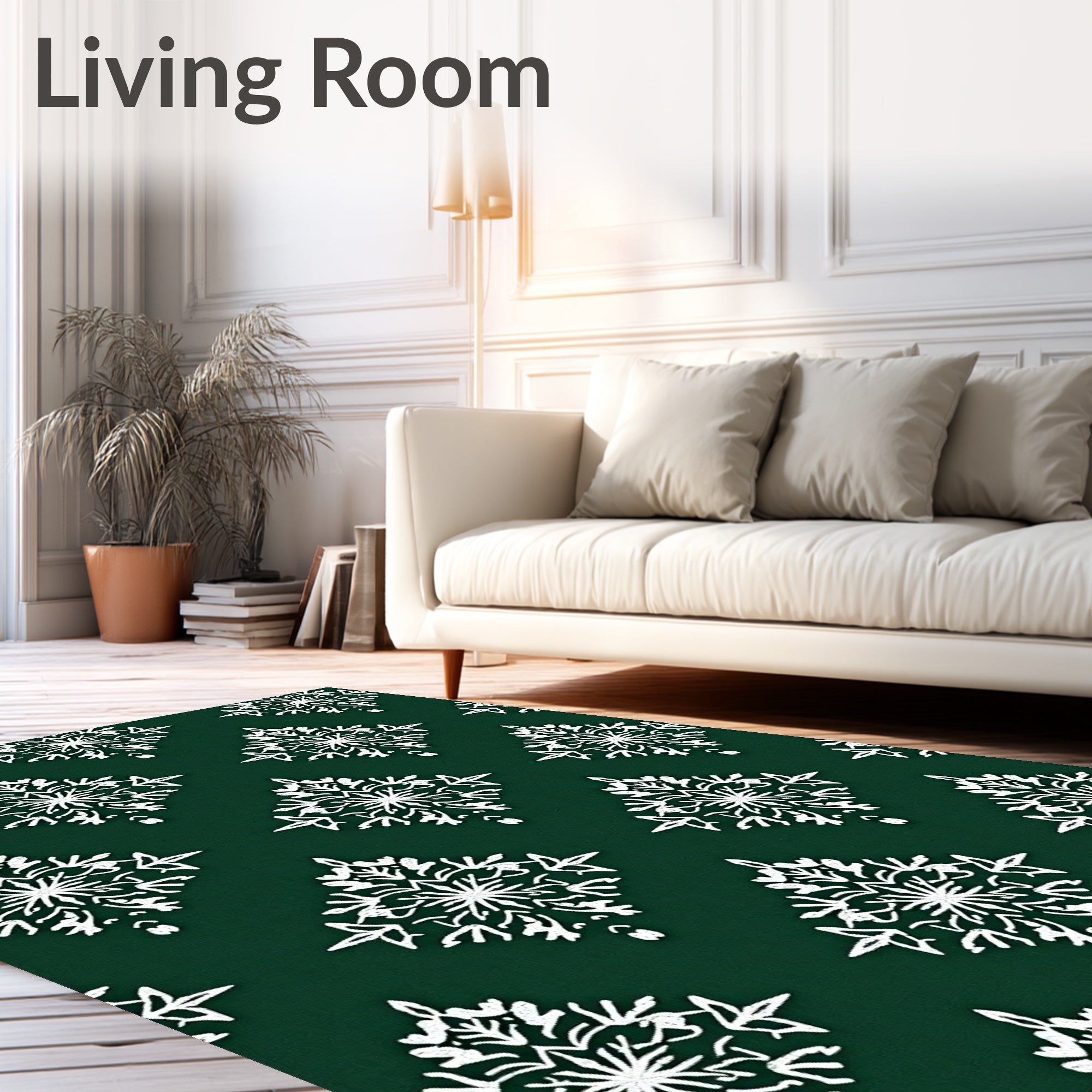 White Snowflake Diamond Dark Green Field Rug