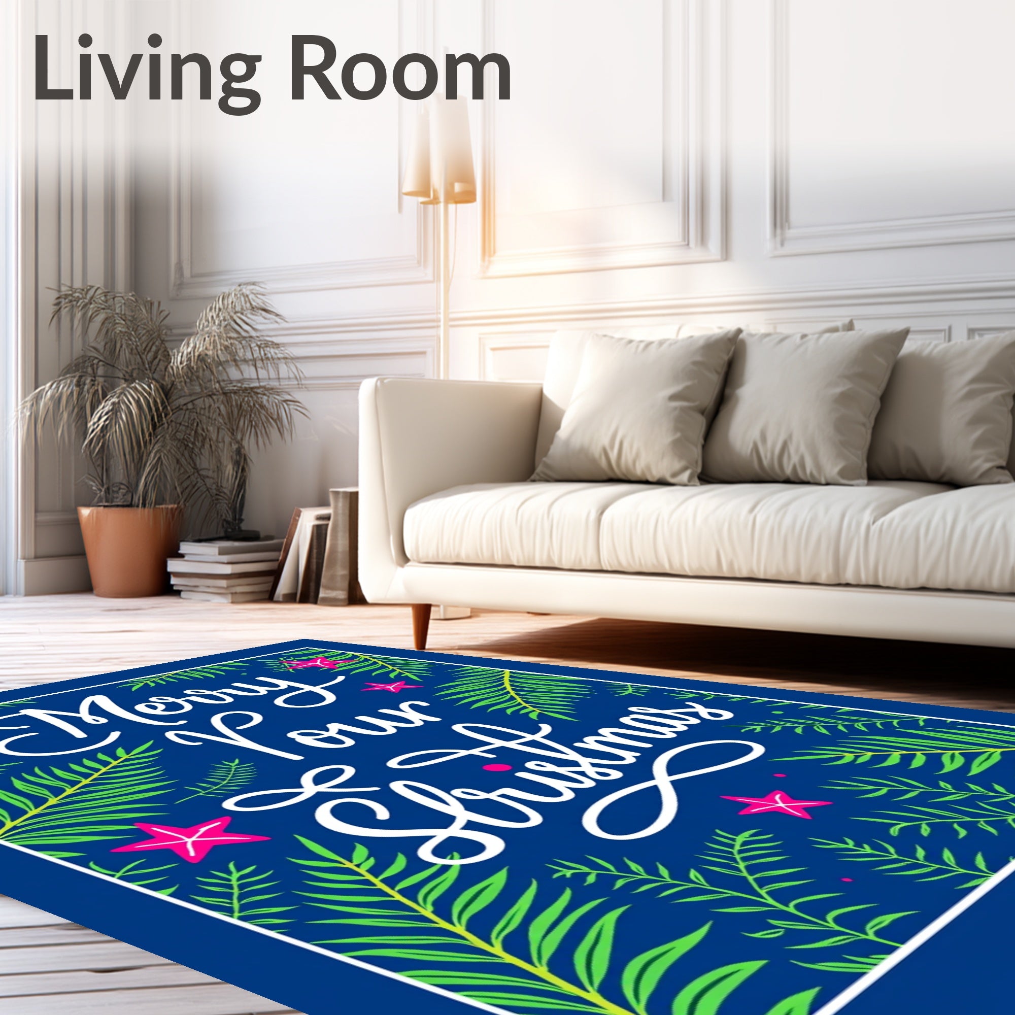 Vibrant Blue Green Star Christmas Script Rug