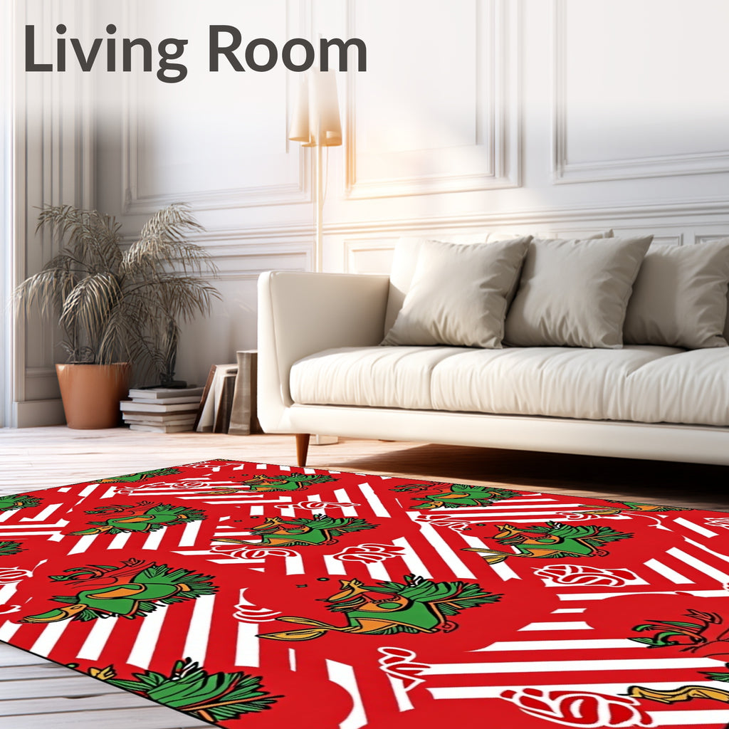 Red Green Whimsical Bird Stripe Rug
