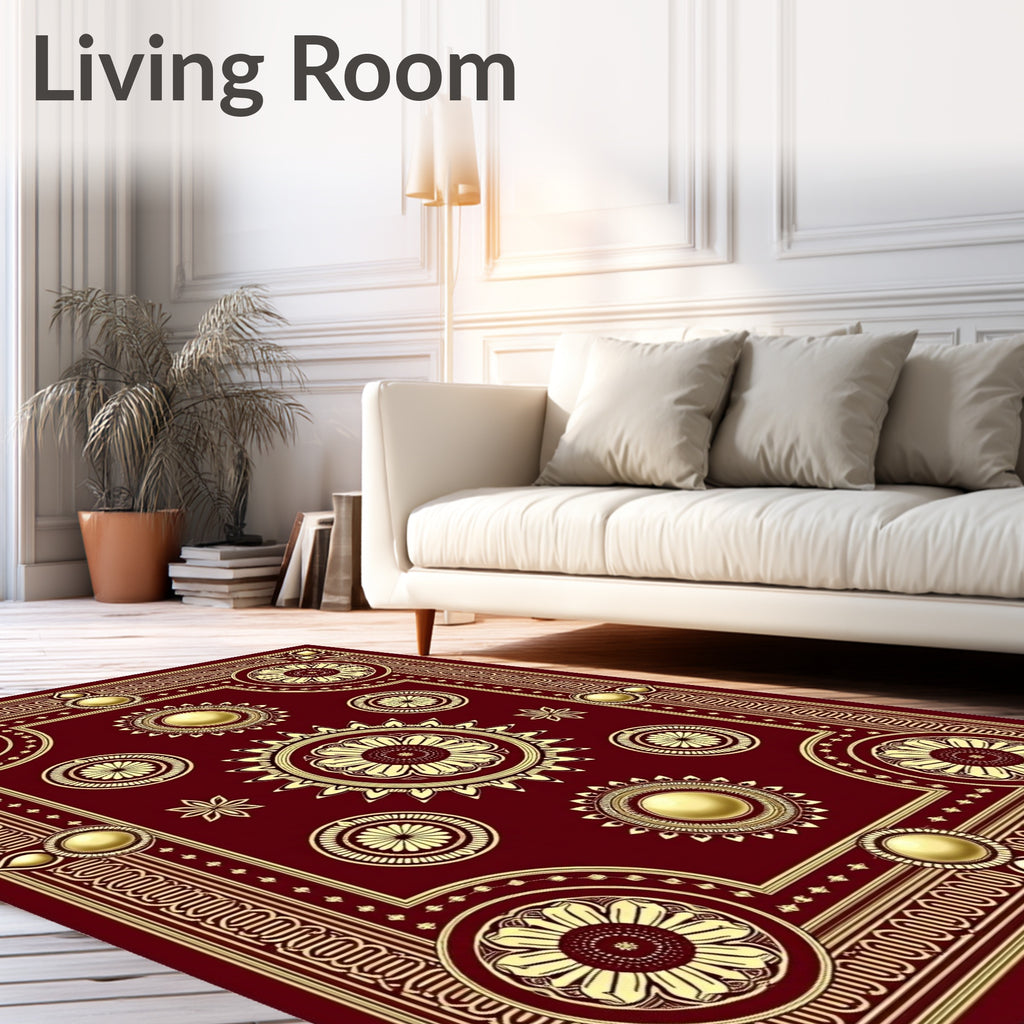 Rich Crimson Golden Floral Mandala Rug