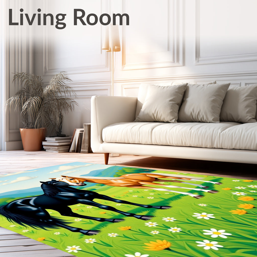 Two Chestnut Black Horses Meadow FlowersRug Rug