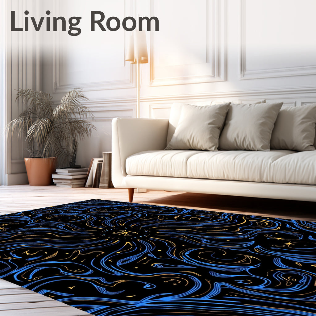 Celestial Swirl Blue Gold Starburst Rug
