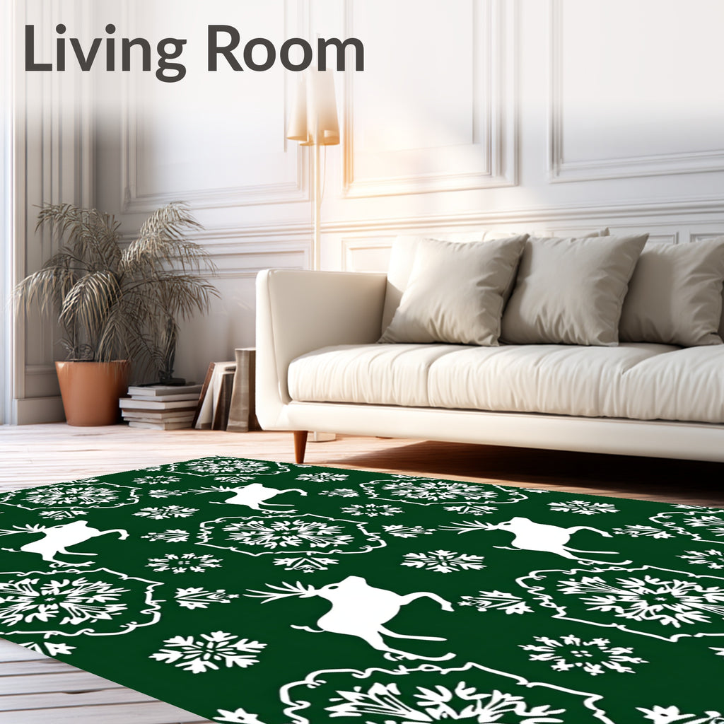 White Reindeer Snowflake Damask Emerald Rug