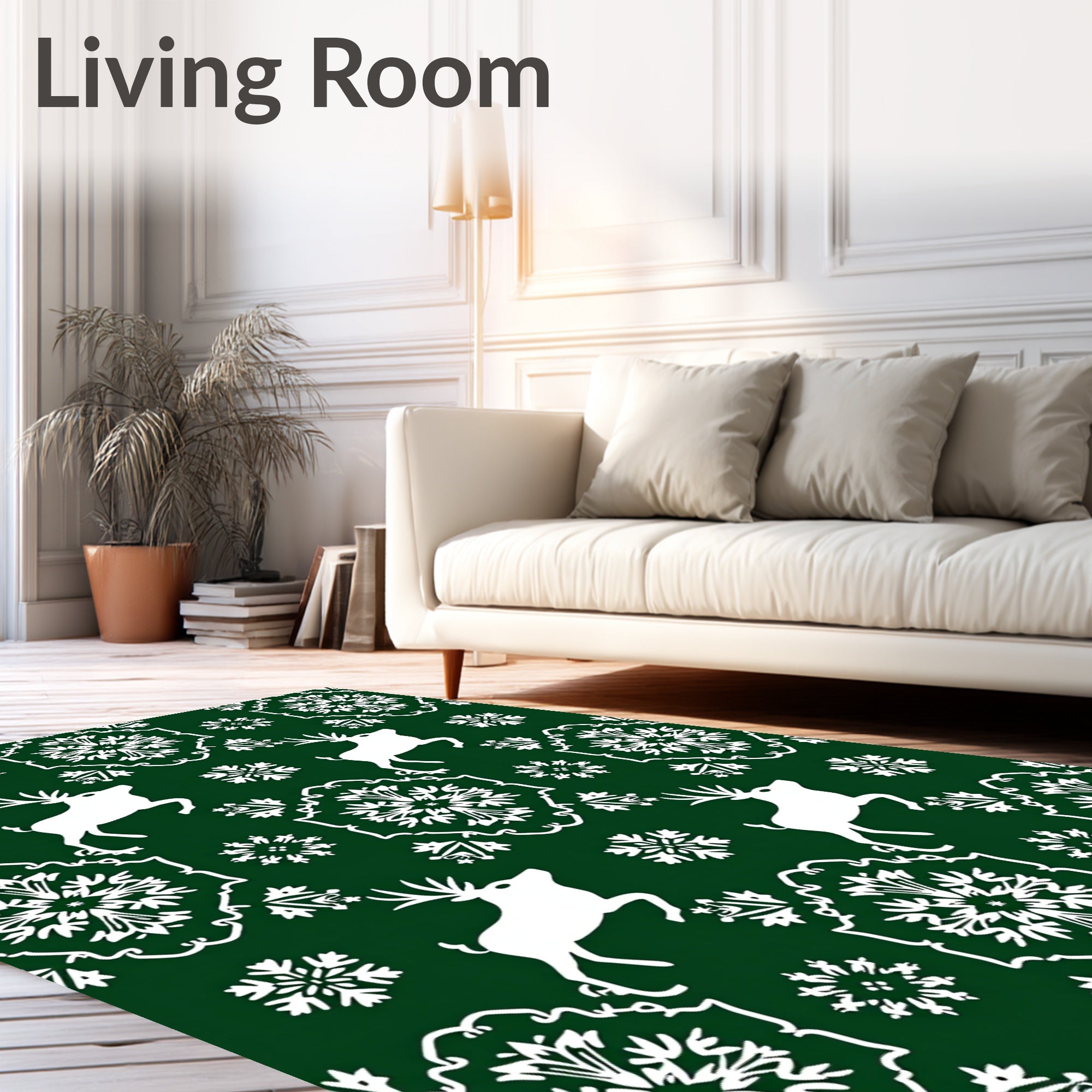 White Reindeer Snowflake Damask Emerald Rug