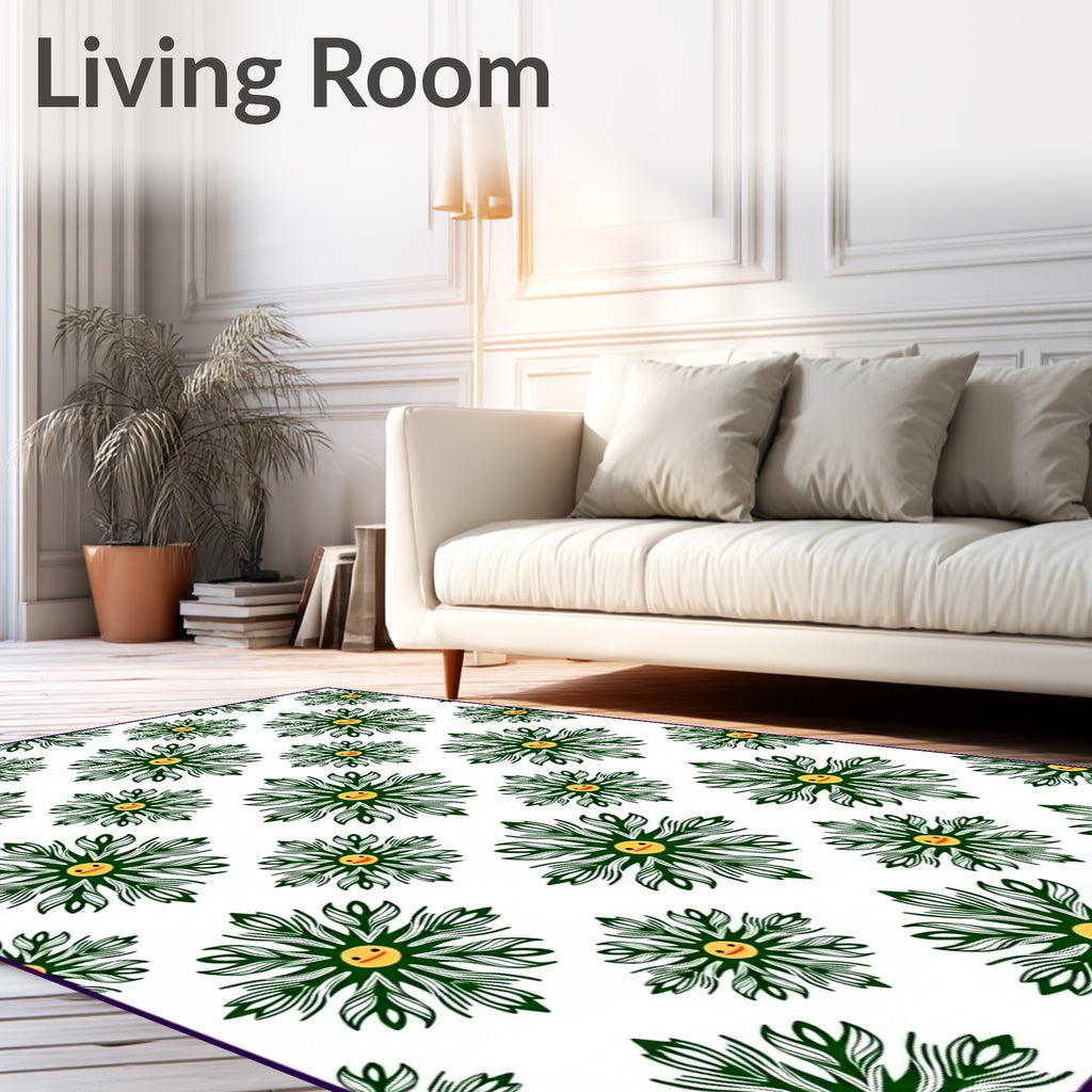 Green Floral Sun Faces Repeating Rug