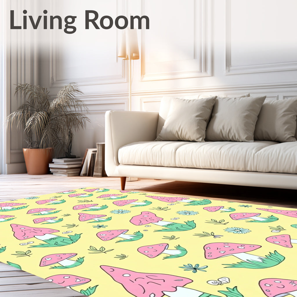 Cute Pink Mushroom Meadow Rug